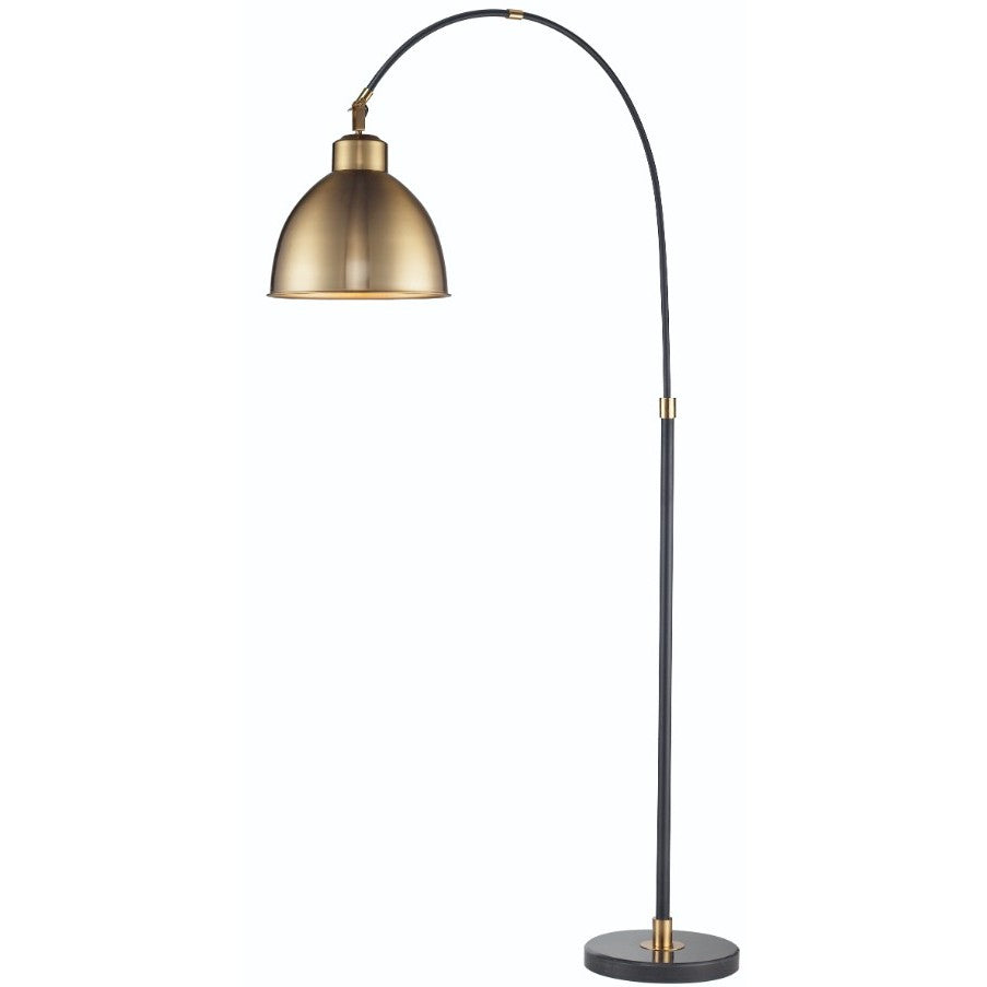 Modern floor lamp with arched black stand and gold dome shade.