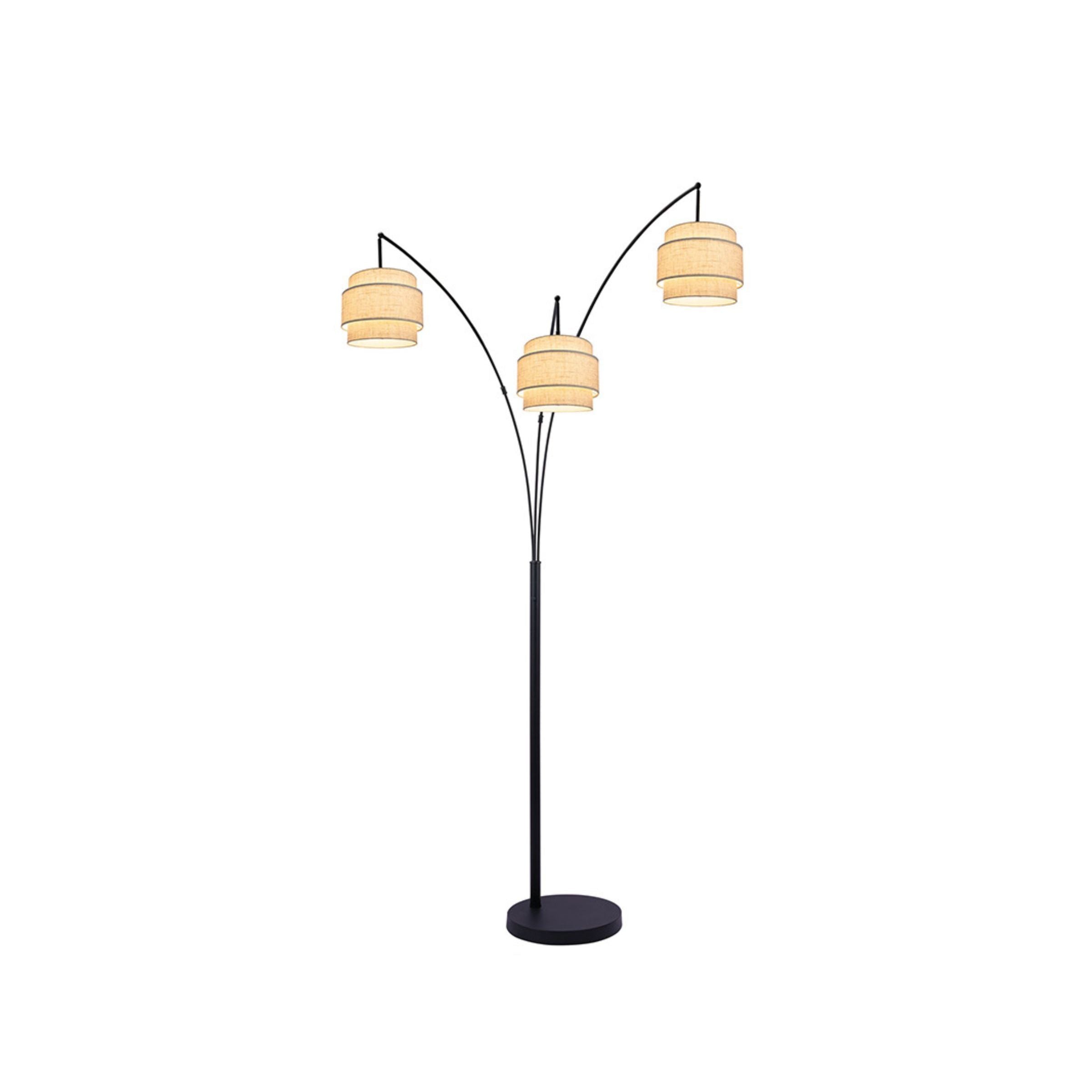 3-Light Black Metal With Layered Shade Arc Floor Lamp 93"H