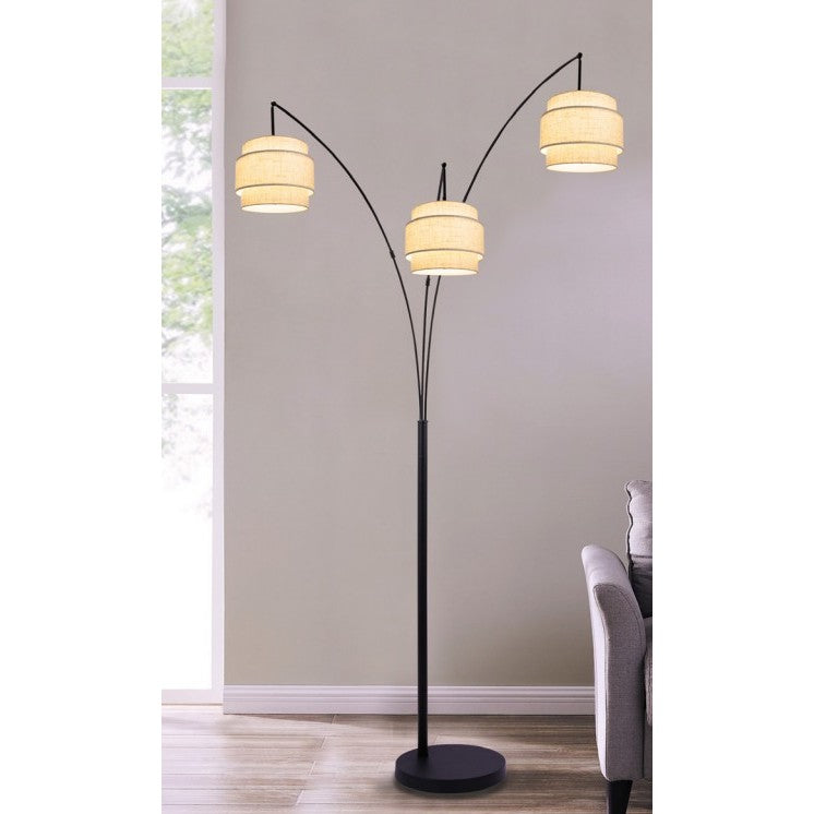 3-Light Black Metal With Layered Shade Arc Floor Lamp 93"H