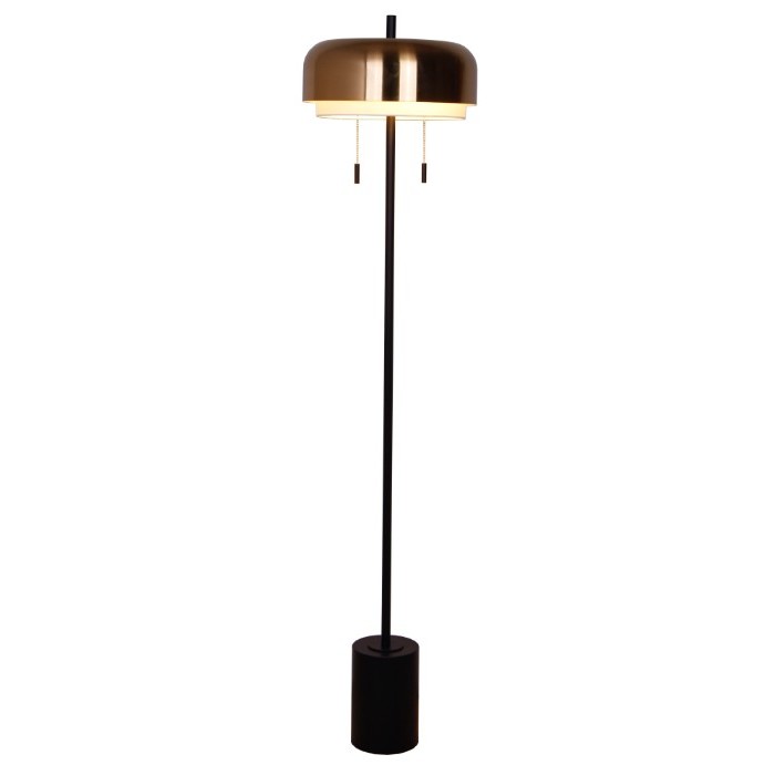 Modern floor lamp with a black base and gold dome shade.