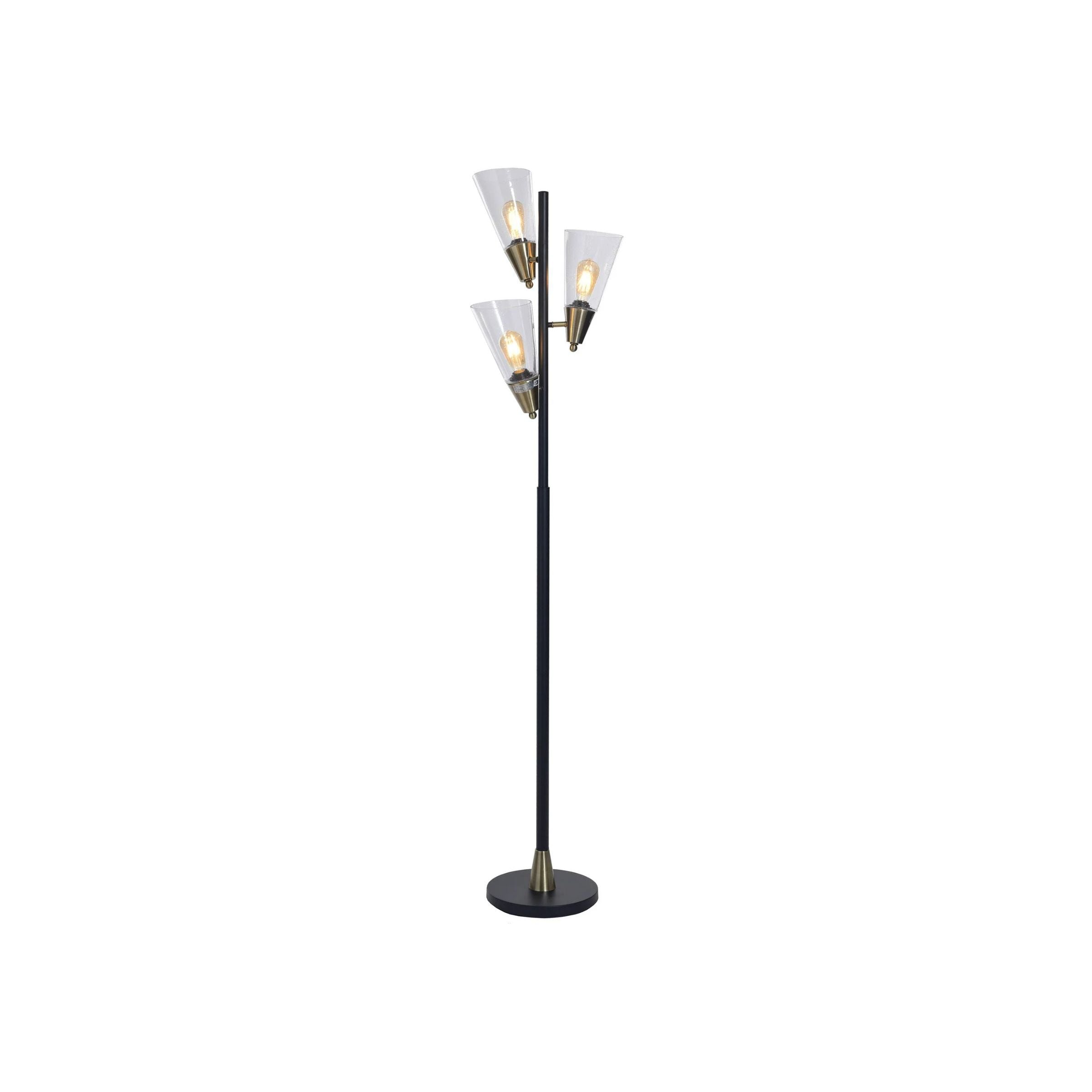 Black and Gold Metal With Glass Shades 3-Light Floor Lamp 71"H