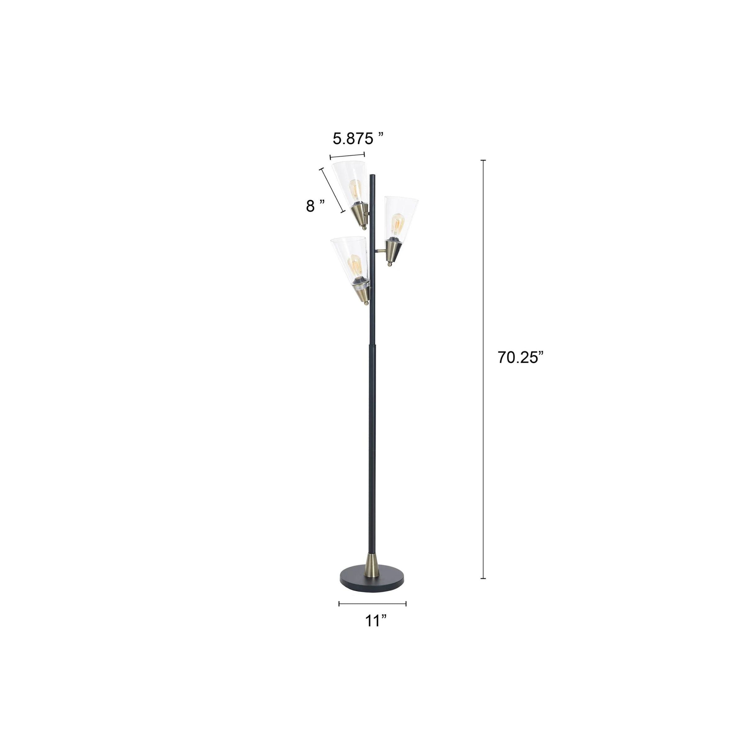 Black and Gold Metal With Glass Shades 3-Light Floor Lamp 71"H