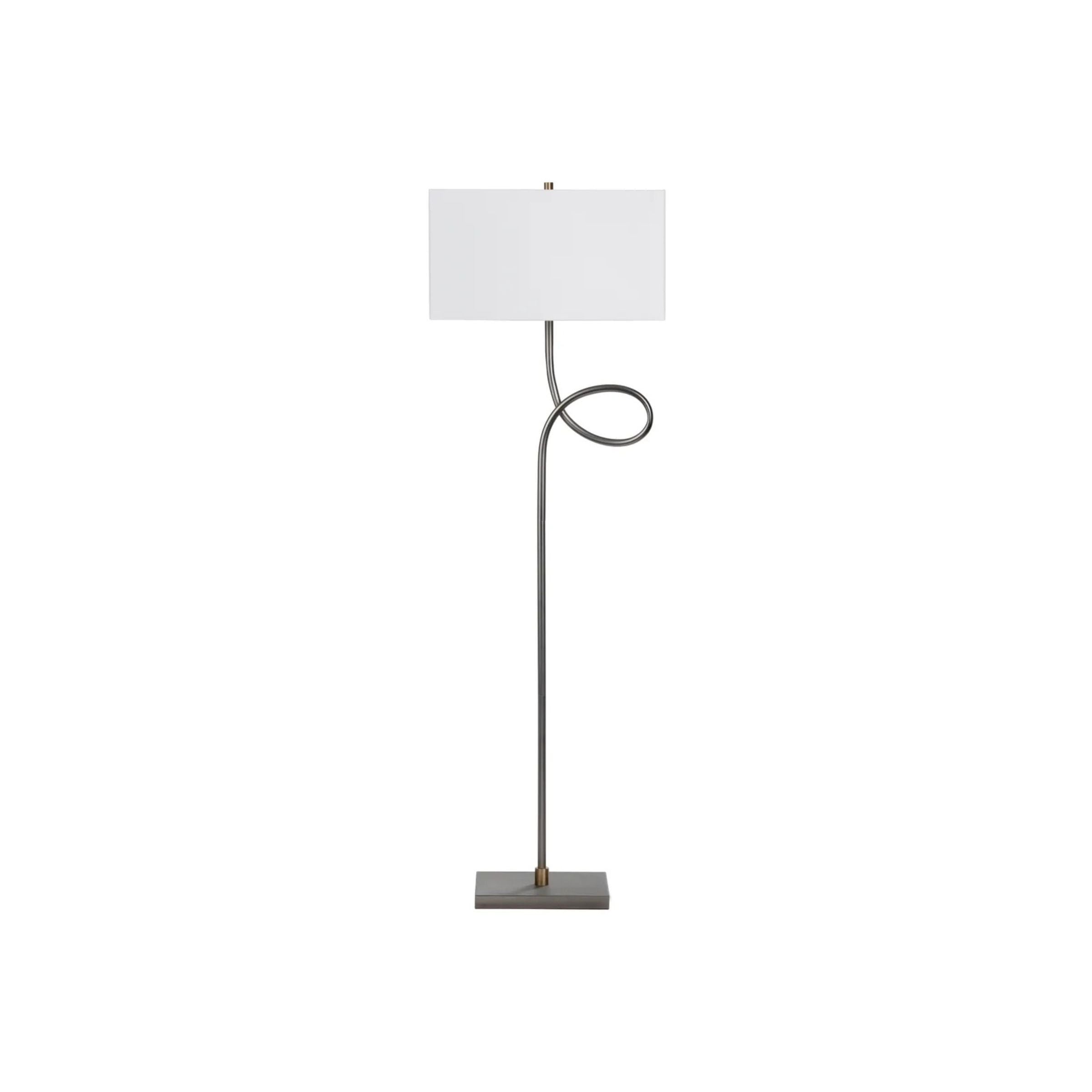 Modern floor lamp with a rectangular white shade and a curved metal base.