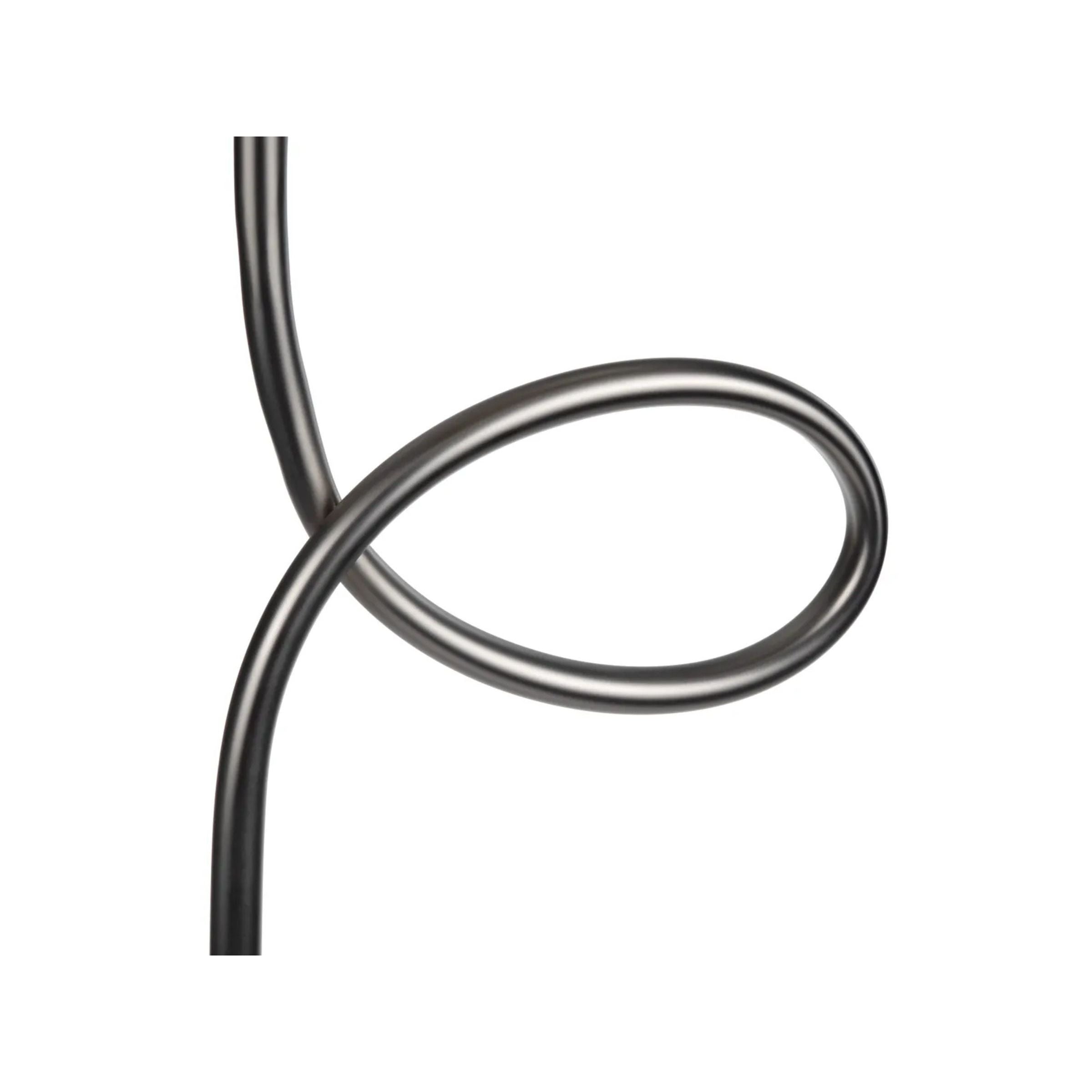 Curved metal rod with a loop on a white background.