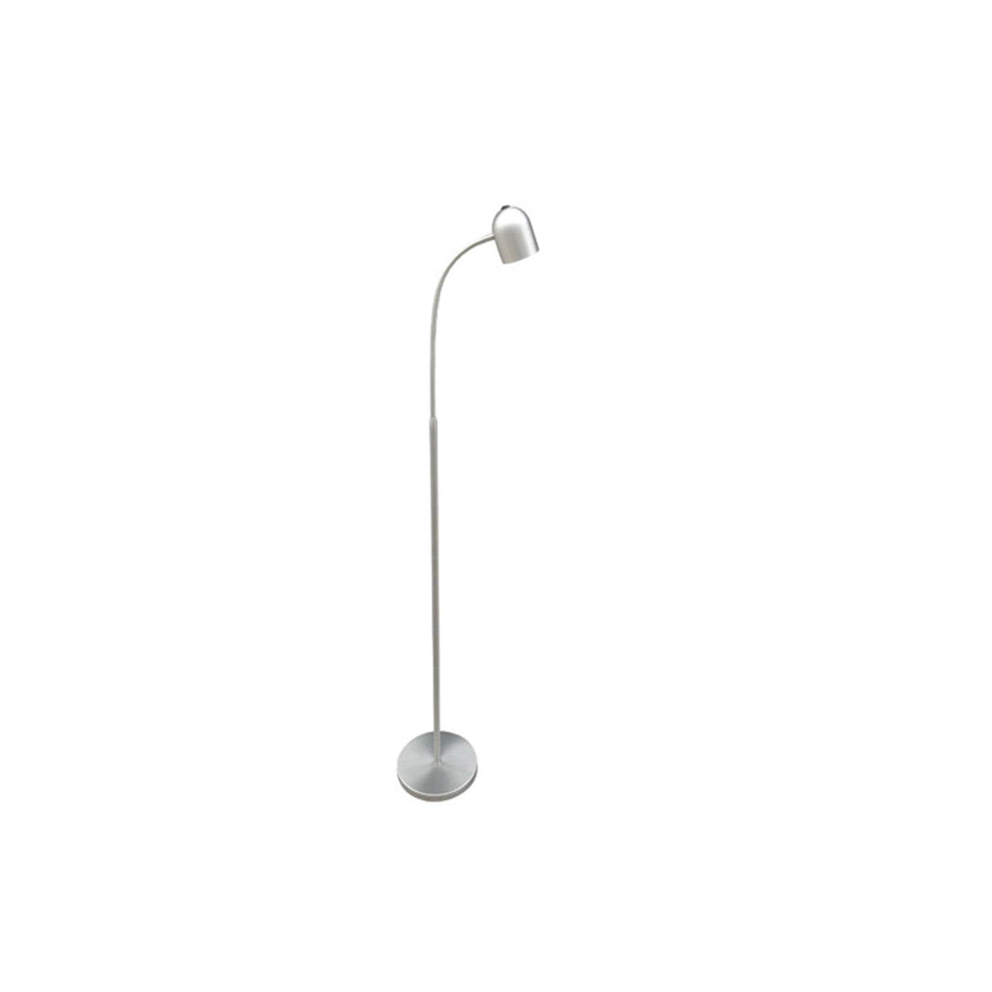Modern silver floor lamp with curved neck and round base.