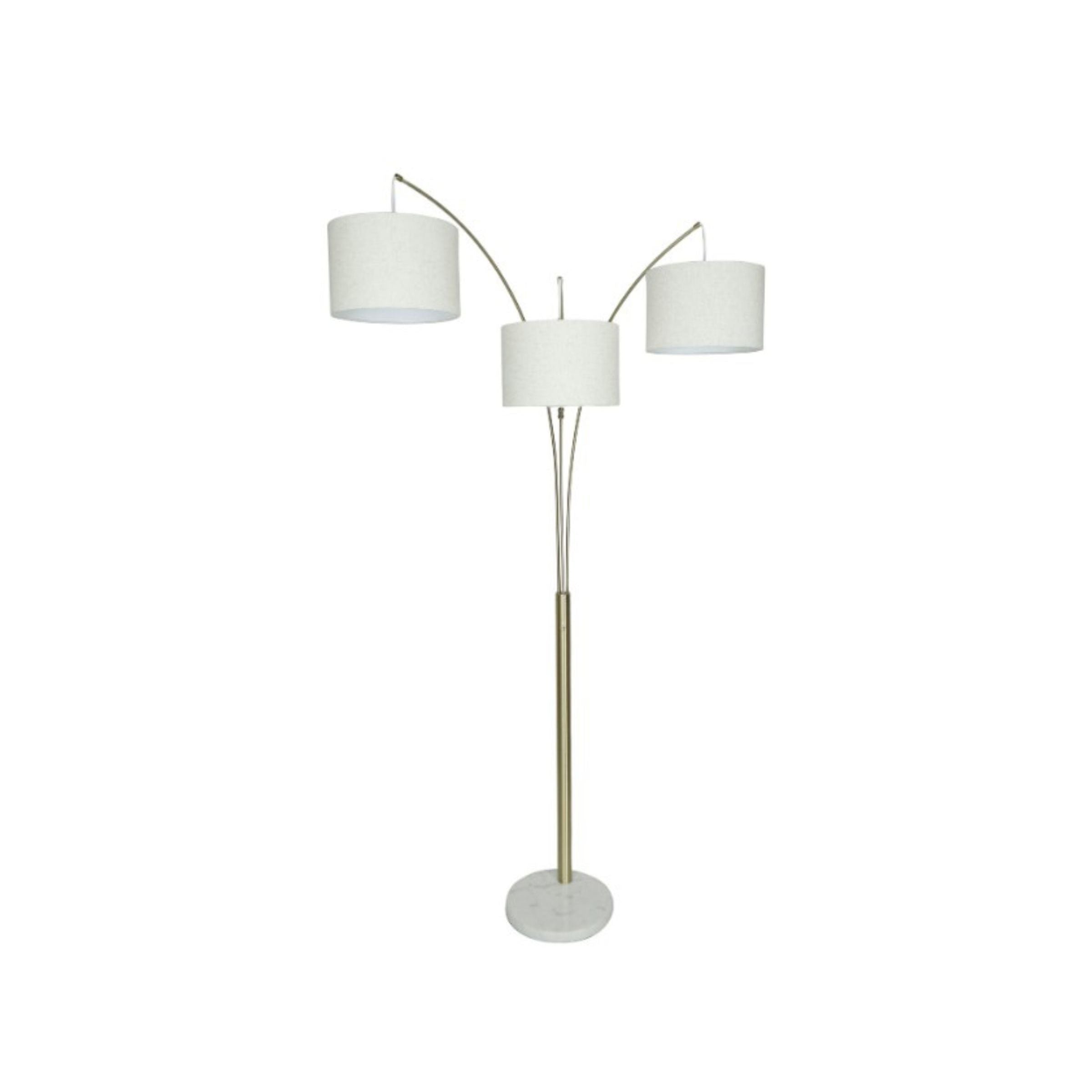 Antique Brass 3-Light With Drum Shades Marble Base Floor Arc Lamp 84"H