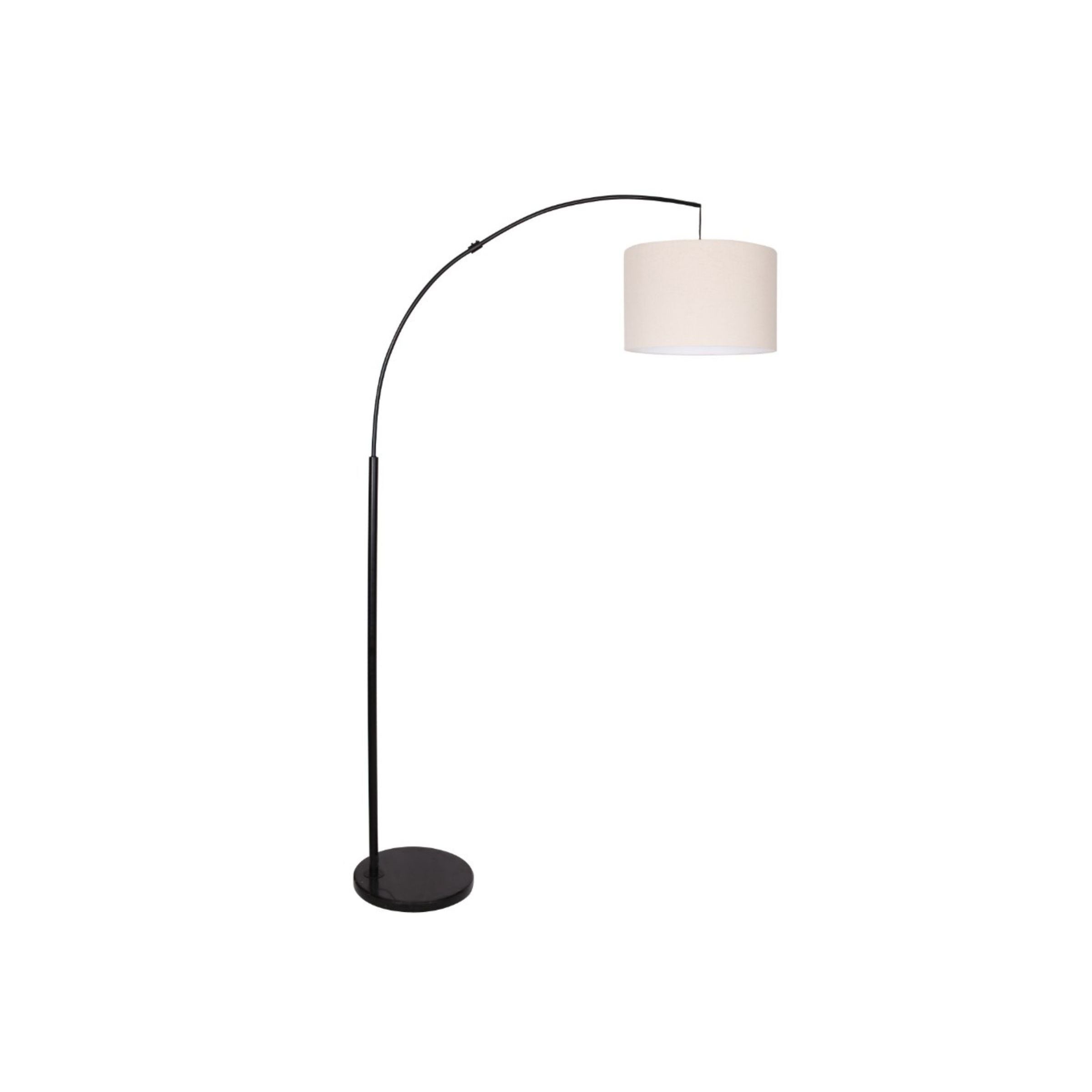 Black arc floor lamp with a round beige drum shade