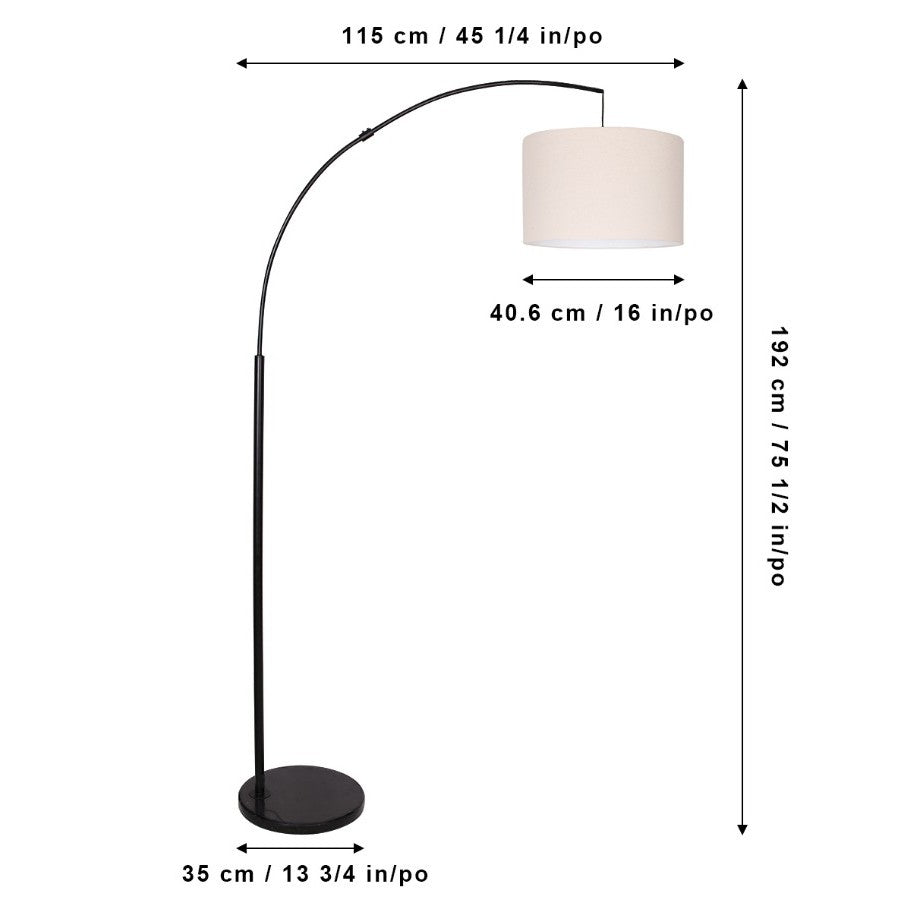 Arc floor lamp with fabric shade, shown with dimensions labeled in centimeters and inches.