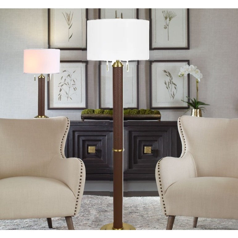 Brown Leather Column Floor Lamp 67.5"H