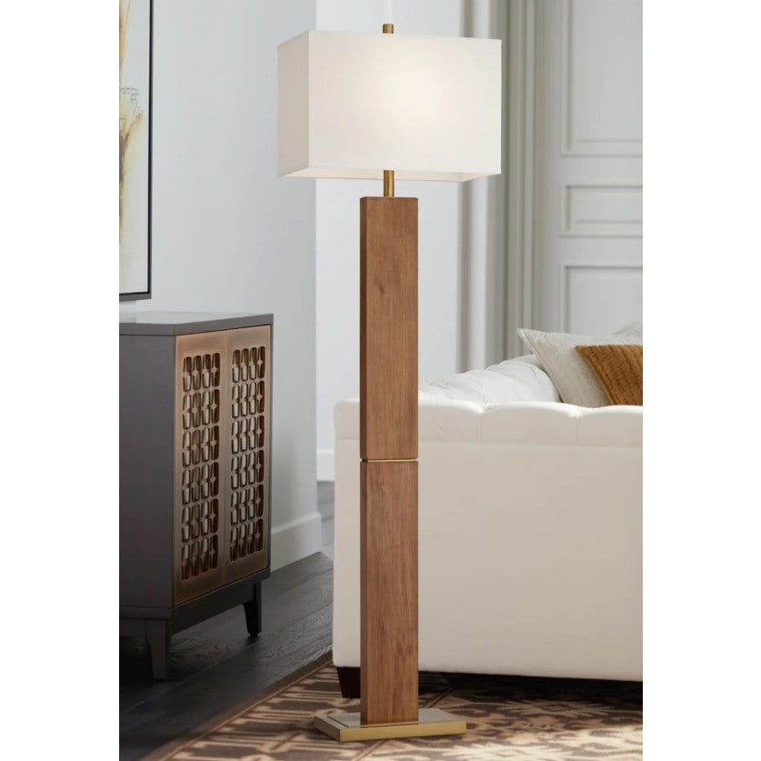 Wood and Brass Column Floor Lamp 65"H