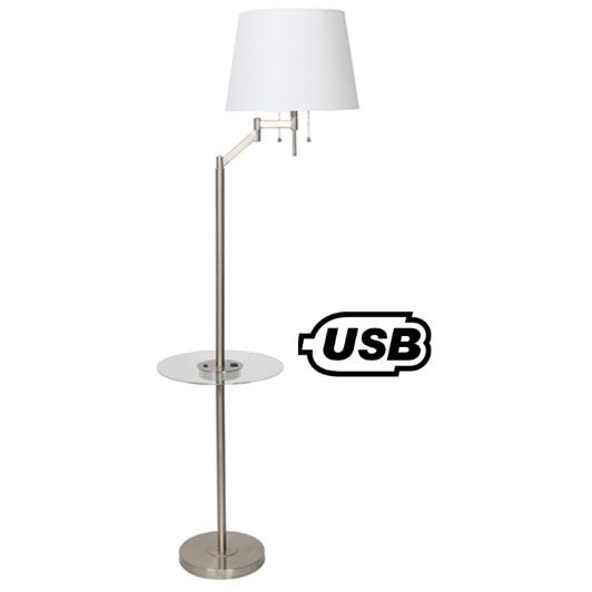 Brushed Steel Metal Floor Lamp With Usb And Glass Tray 61"H In Silver