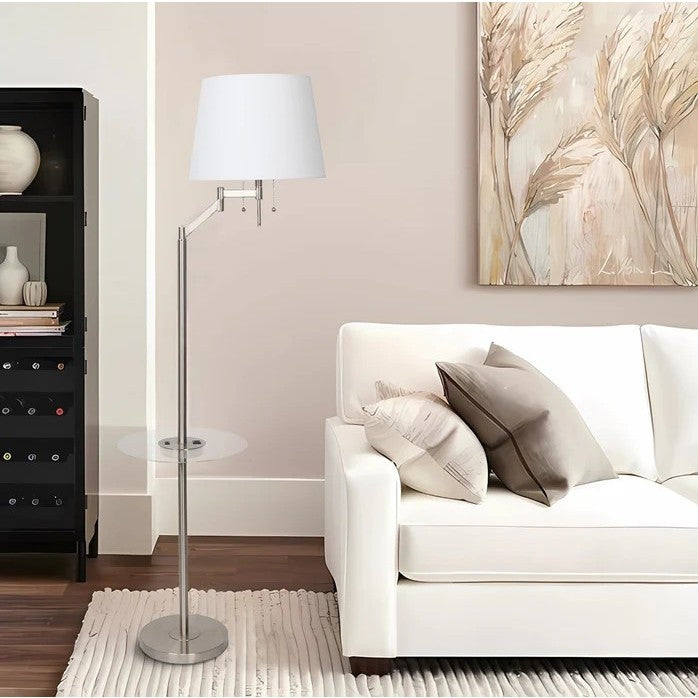 Brushed Steel Metal Floor Lamp With Usb And Glass Tray 61"H In Silver