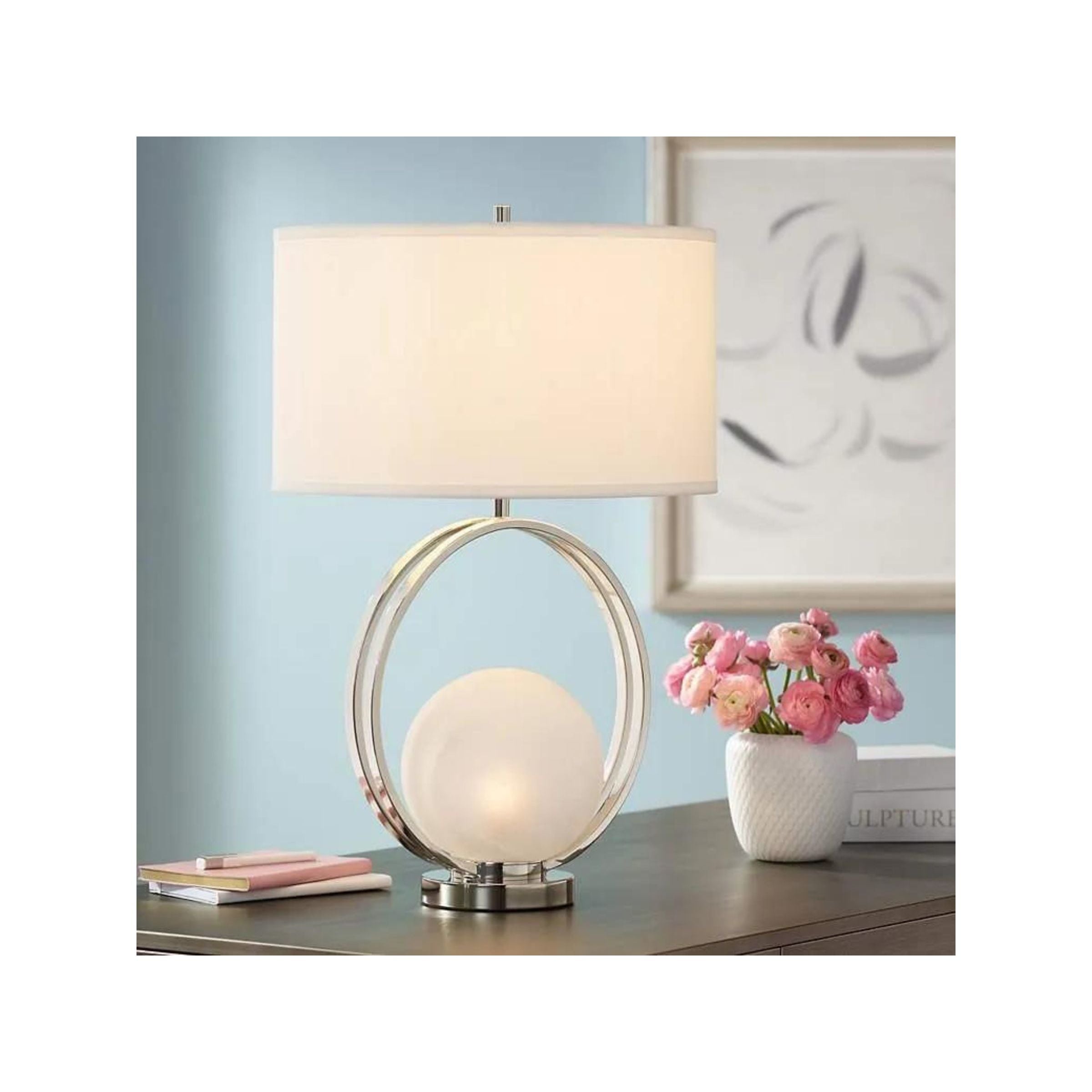 Polished NIckel Circle With Nite Lite Table Lamp 27"H