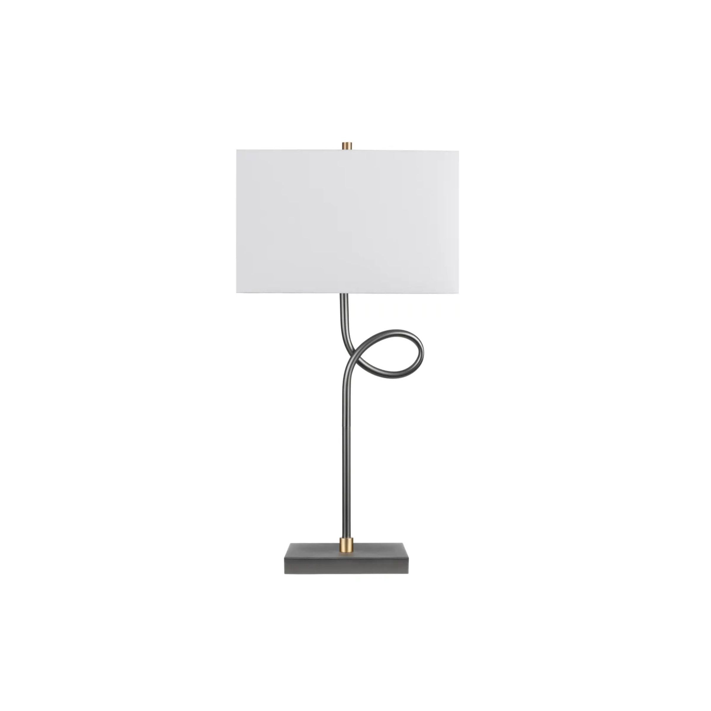 Modern table lamp with a rectangular white shade and curved metal base.