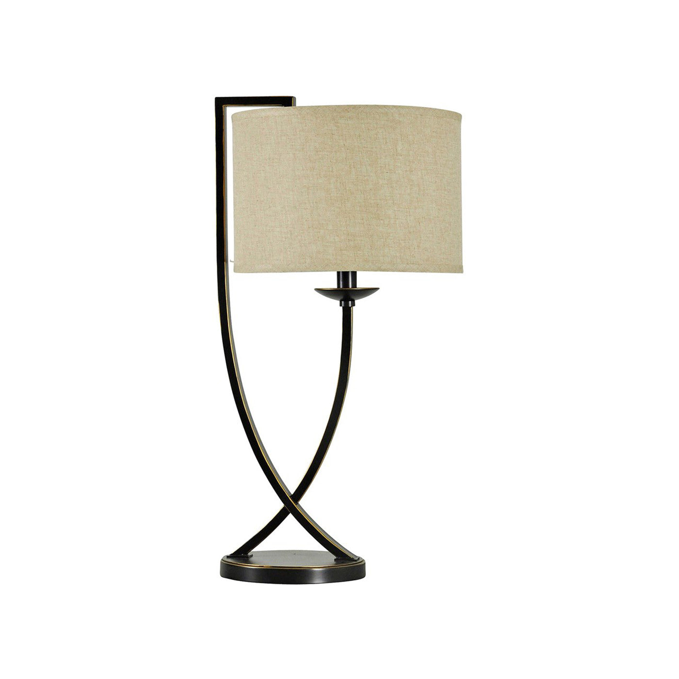 Modern table lamp with a curved black metal base and beige fabric shade.