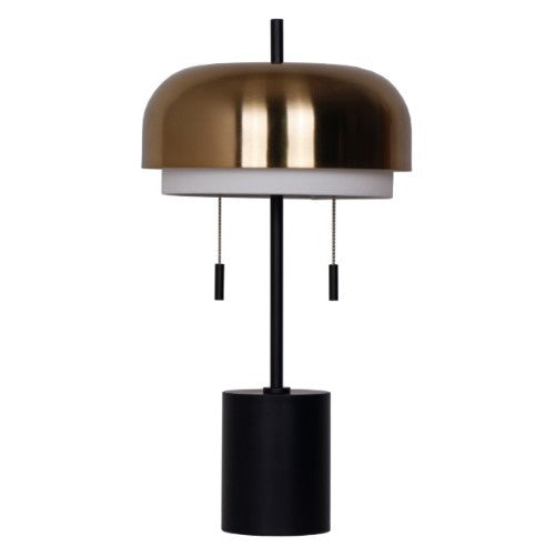 Modern table lamp with a gold dome shade and black cylindrical base.