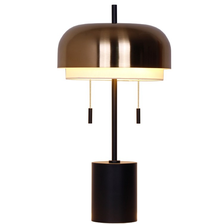 Modern table lamp with a round metallic shade and two pull chains.