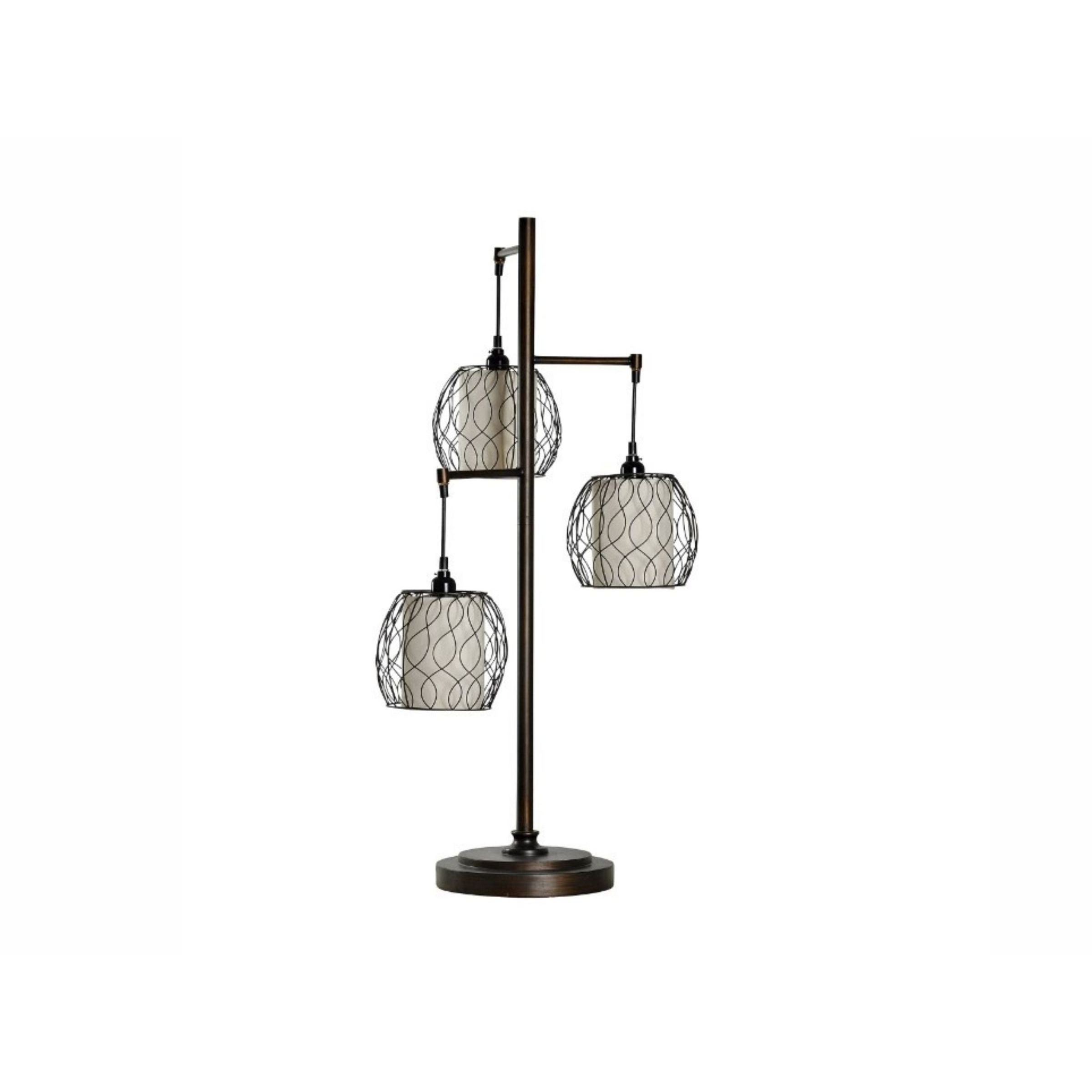 Bronze table lamp with three glass shades and decorative wire accents.