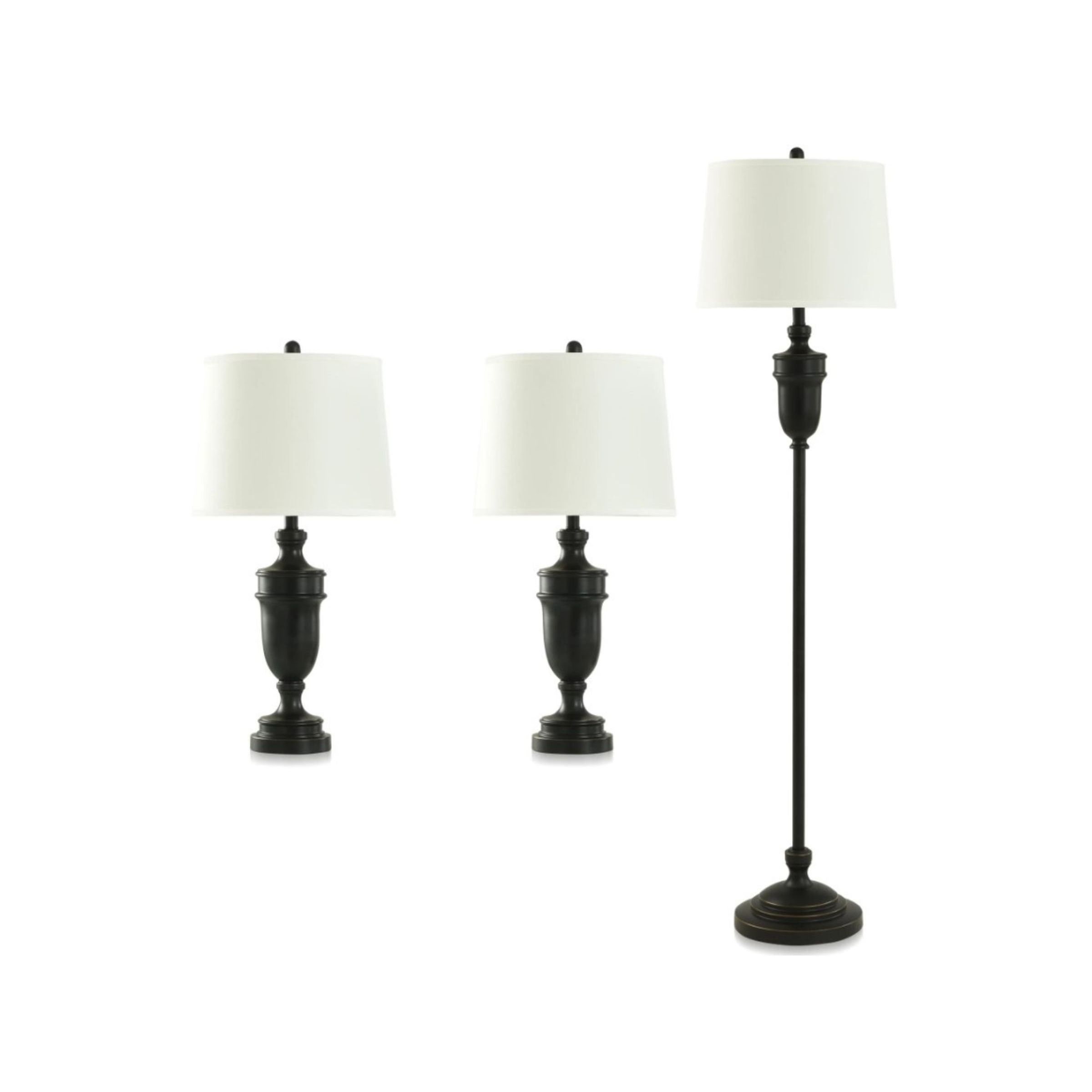 Set of 3 Classic Bronze Lamps - 2 Table Lamps plus 1 Floor Lamp 27"/62"H