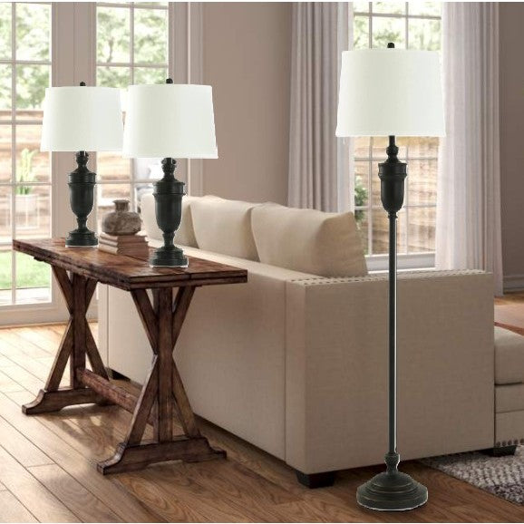 Set of 3 Classic Bronze Lamps - 2 Table Lamps plus 1 Floor Lamp 27"/62"H