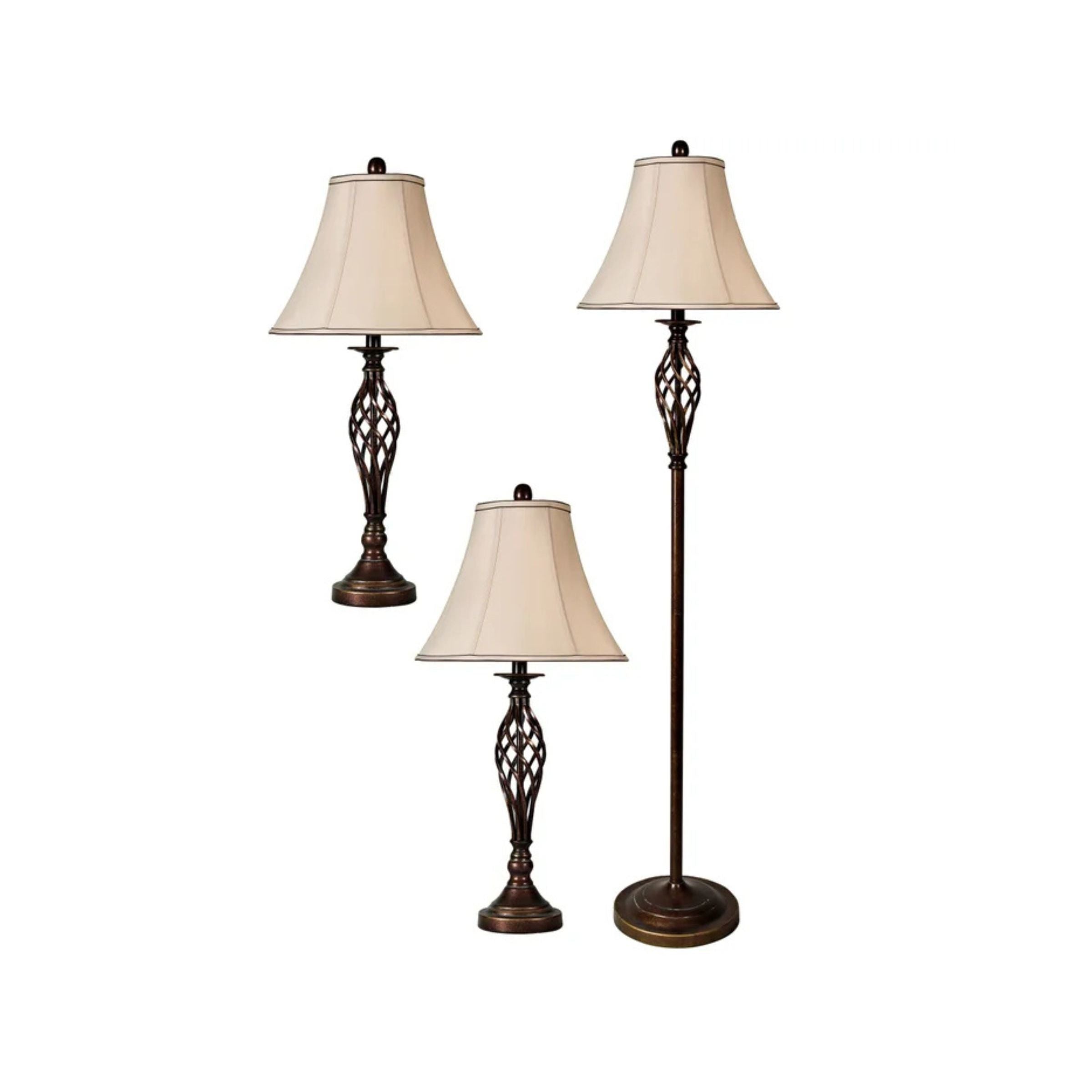 Set of 3 Bronze Caged Lamps - 2 Table Lamps plus 1 Floor Lamp 28/60"H