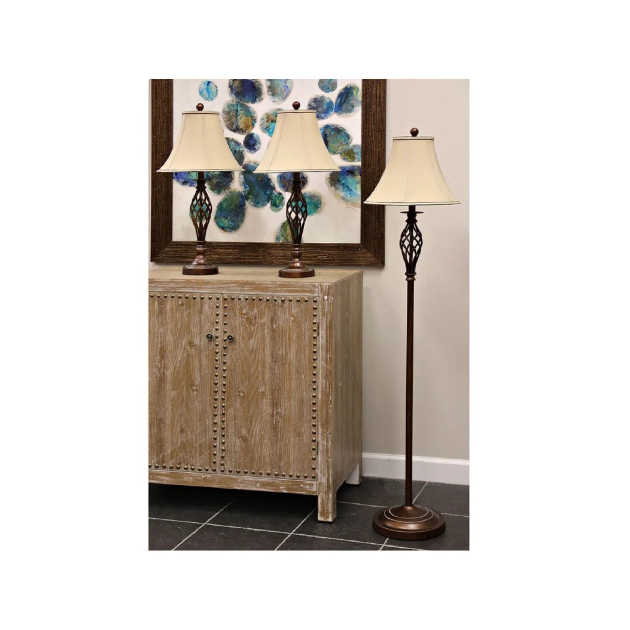 Set of 3 Bronze Caged Lamps - 2 Table Lamps plus 1 Floor Lamp 28/60"H