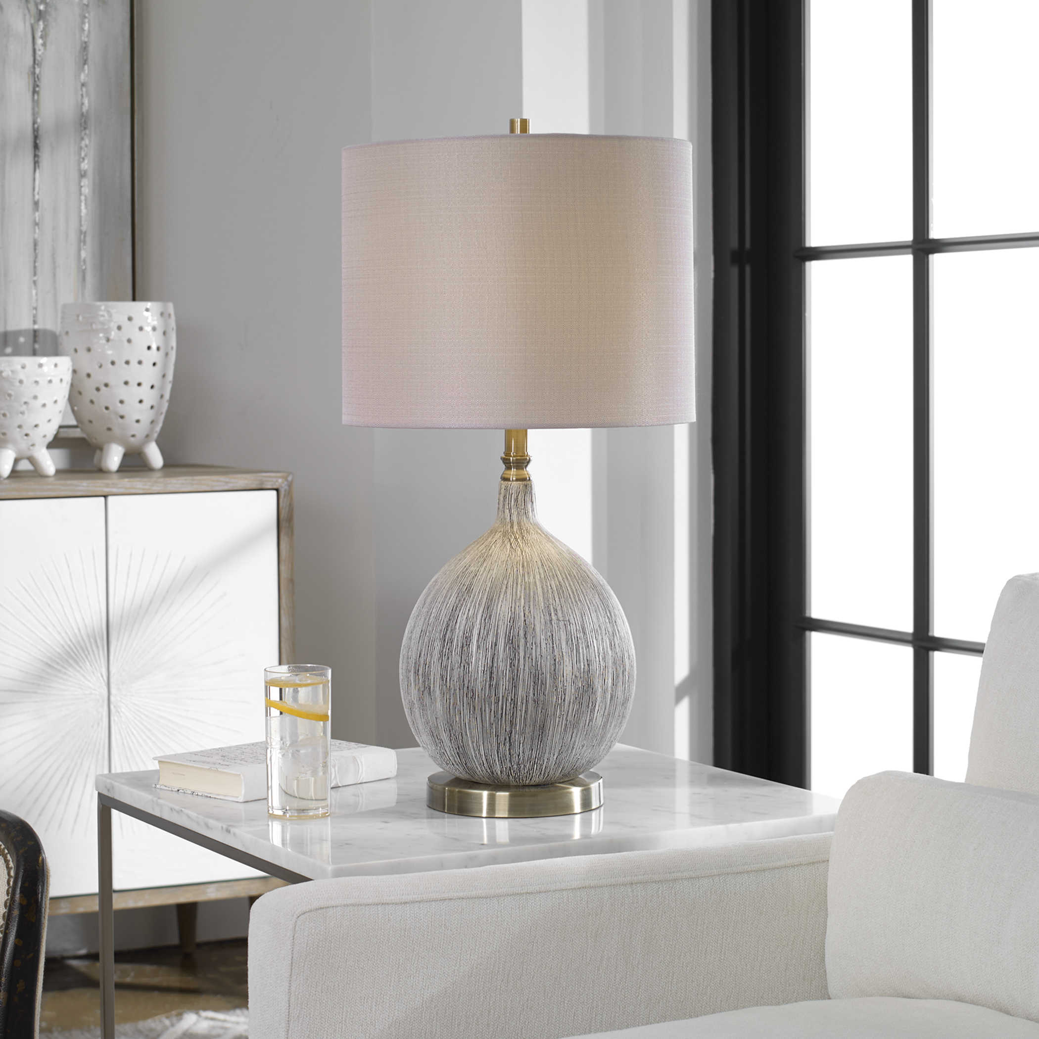 Ivory and Black Textured Ceramic Table Lamp 27"H