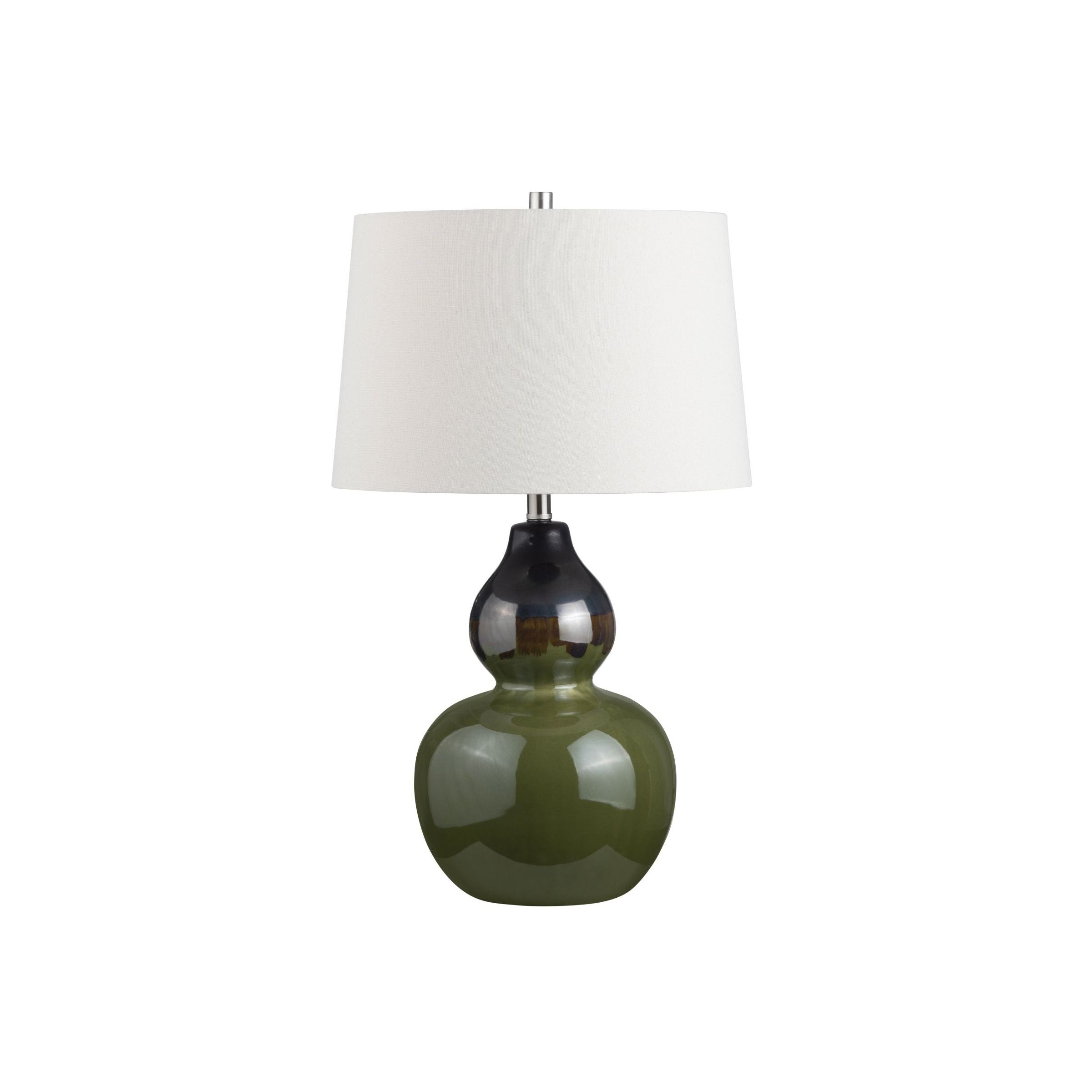Green glass table lamp with a white fabric shade