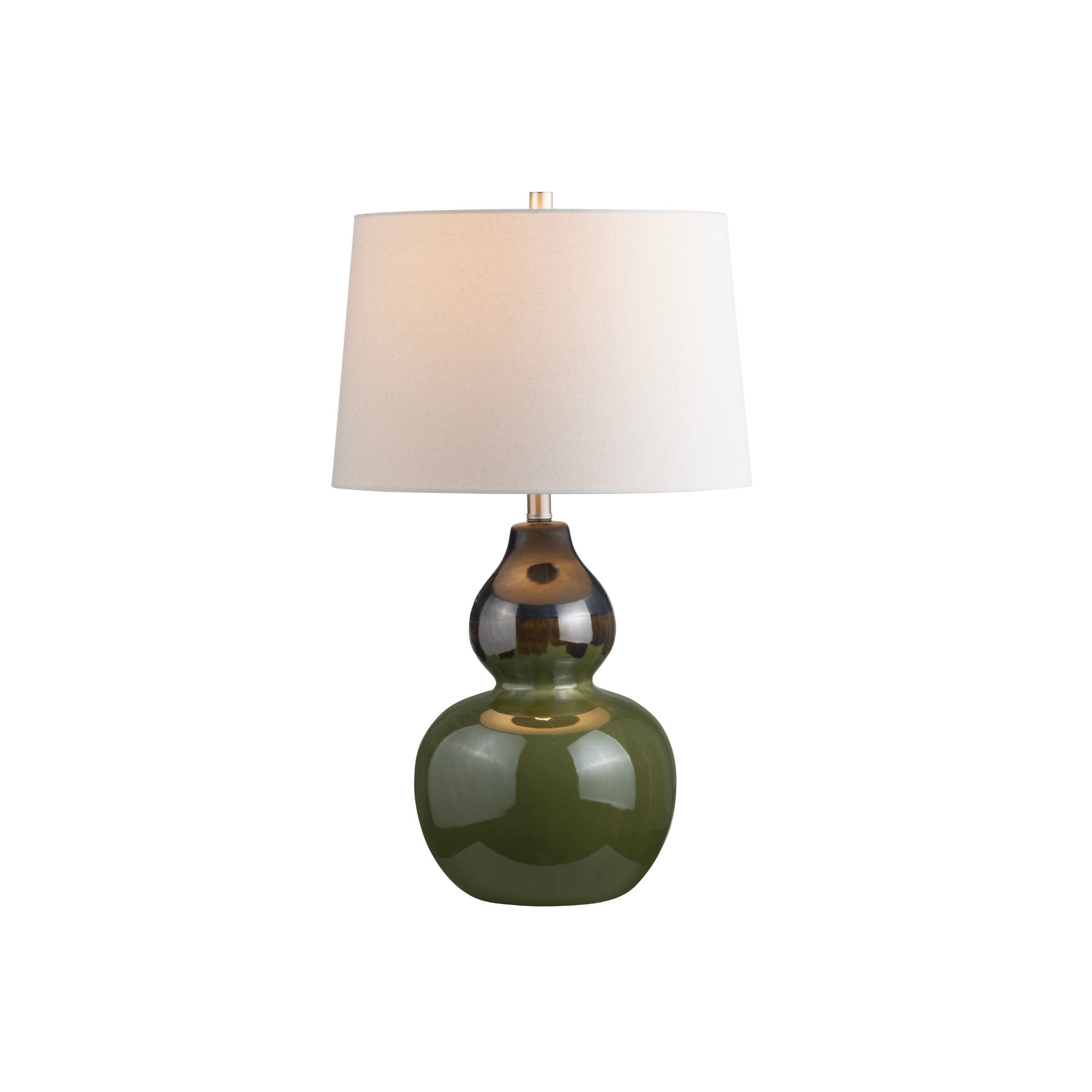 Green ceramic table lamp with white shade, suitable for living room or bedroom decor.