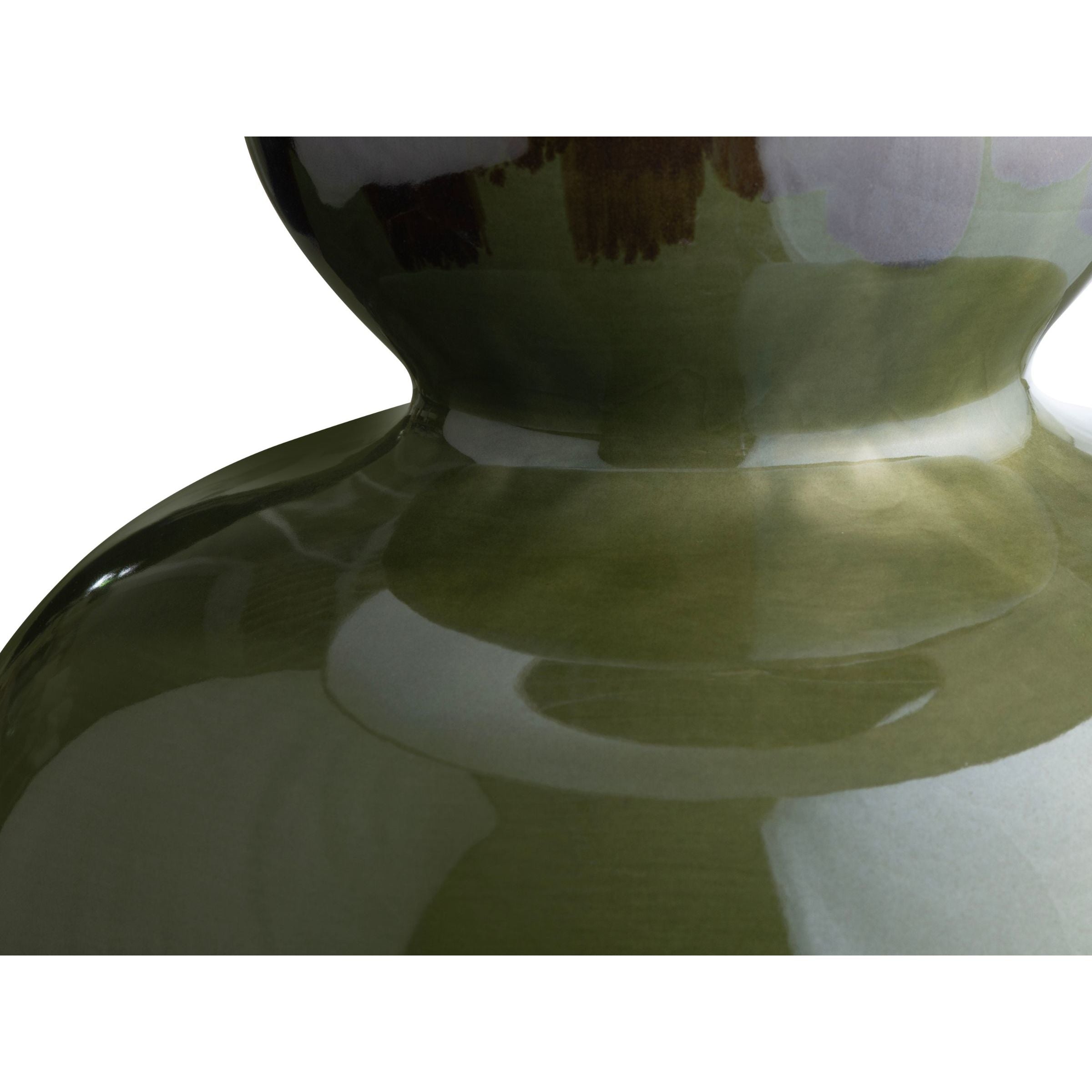 Close-up of a glossy green ceramic vase body against a white background.
