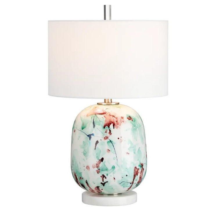 White, Blue, and Multi-Colored Glass Drip Glaze Table Lamp 26"H