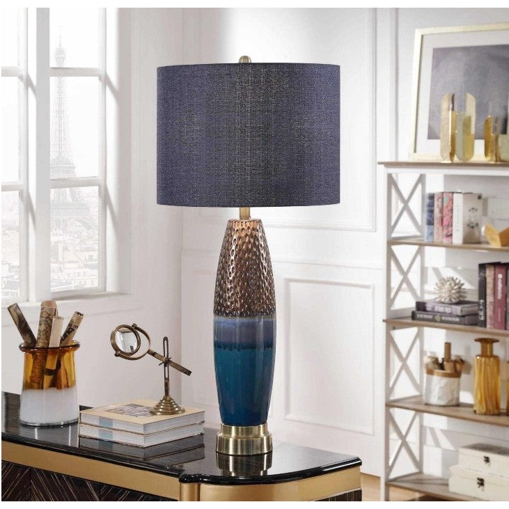 Dimpled Copper and Blue Table Lamp 37"H