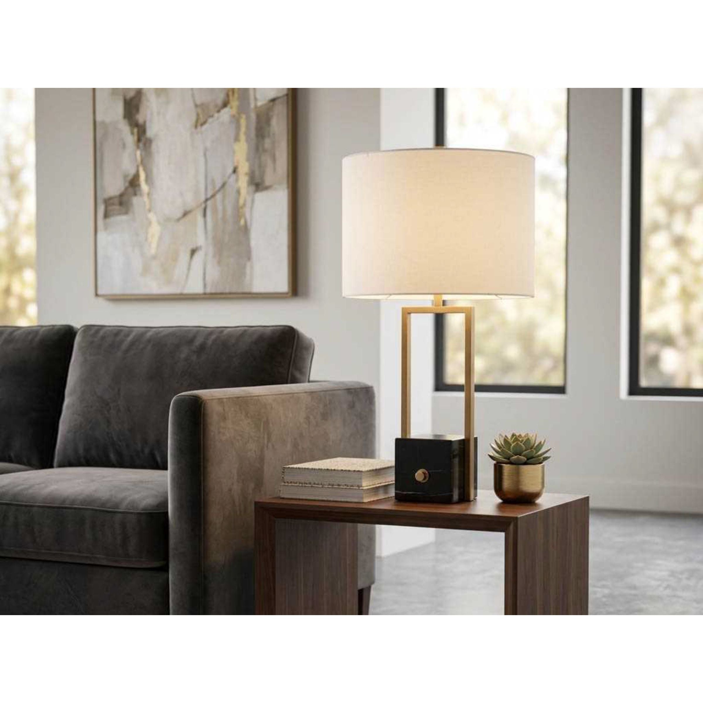 Black Marble and Brass Table Lamp 27"H
