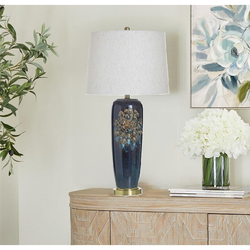 Blue Ceramic Flower Table Lamp 33"H