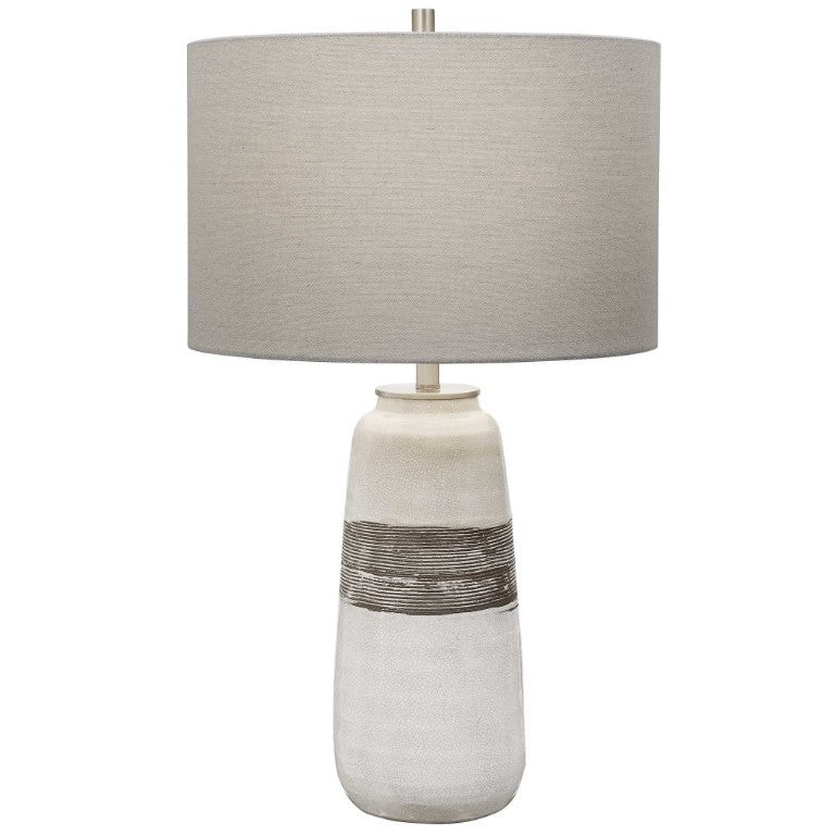 White Crackle Brown Ribbed Ceramic Table Lamp 27"H