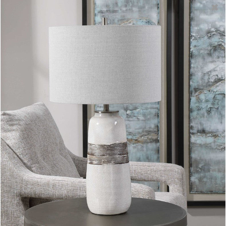 White Crackle Brown Ribbed Ceramic Table Lamp 27"H