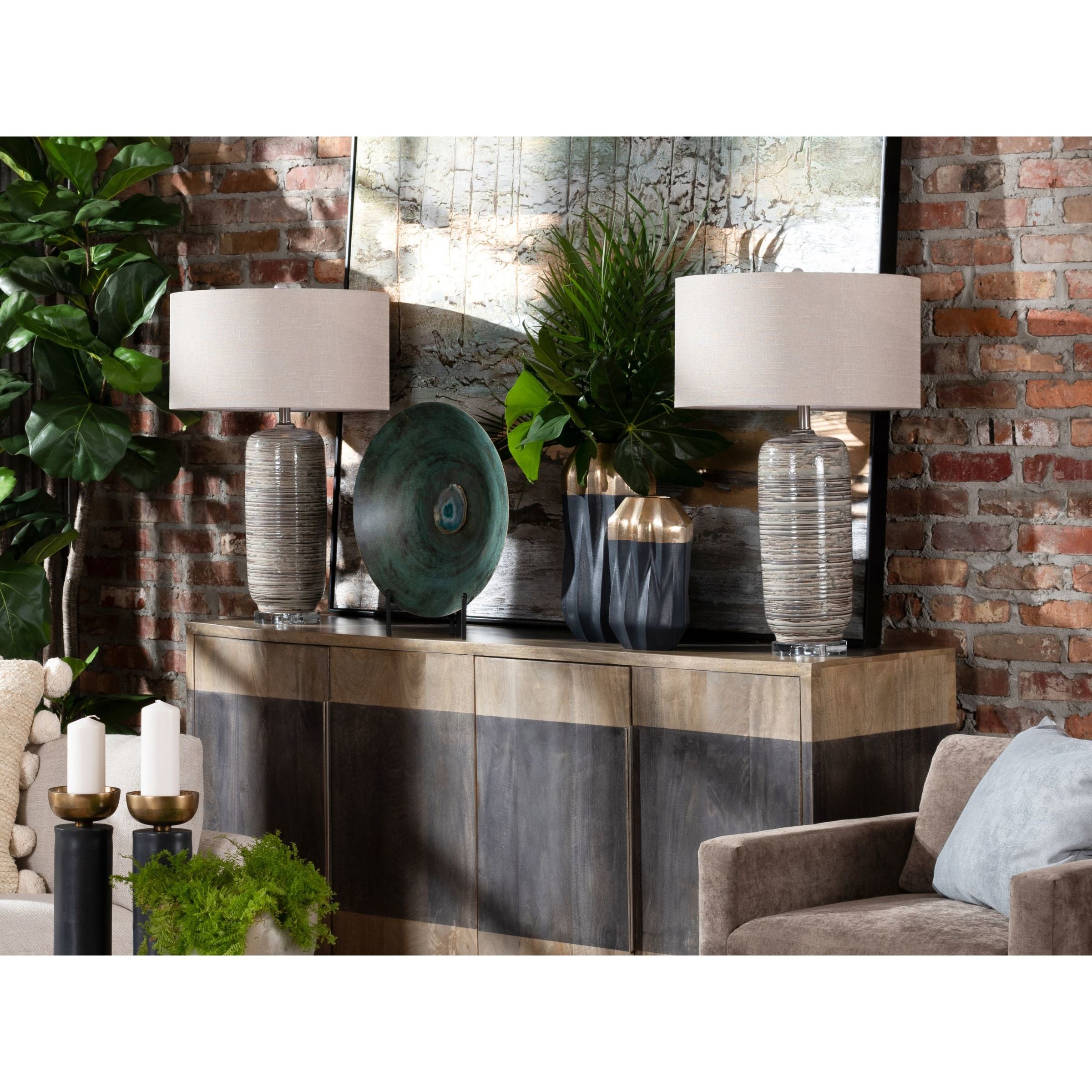 Grey and Brown Striped Ceramic Table Lamp 29"H