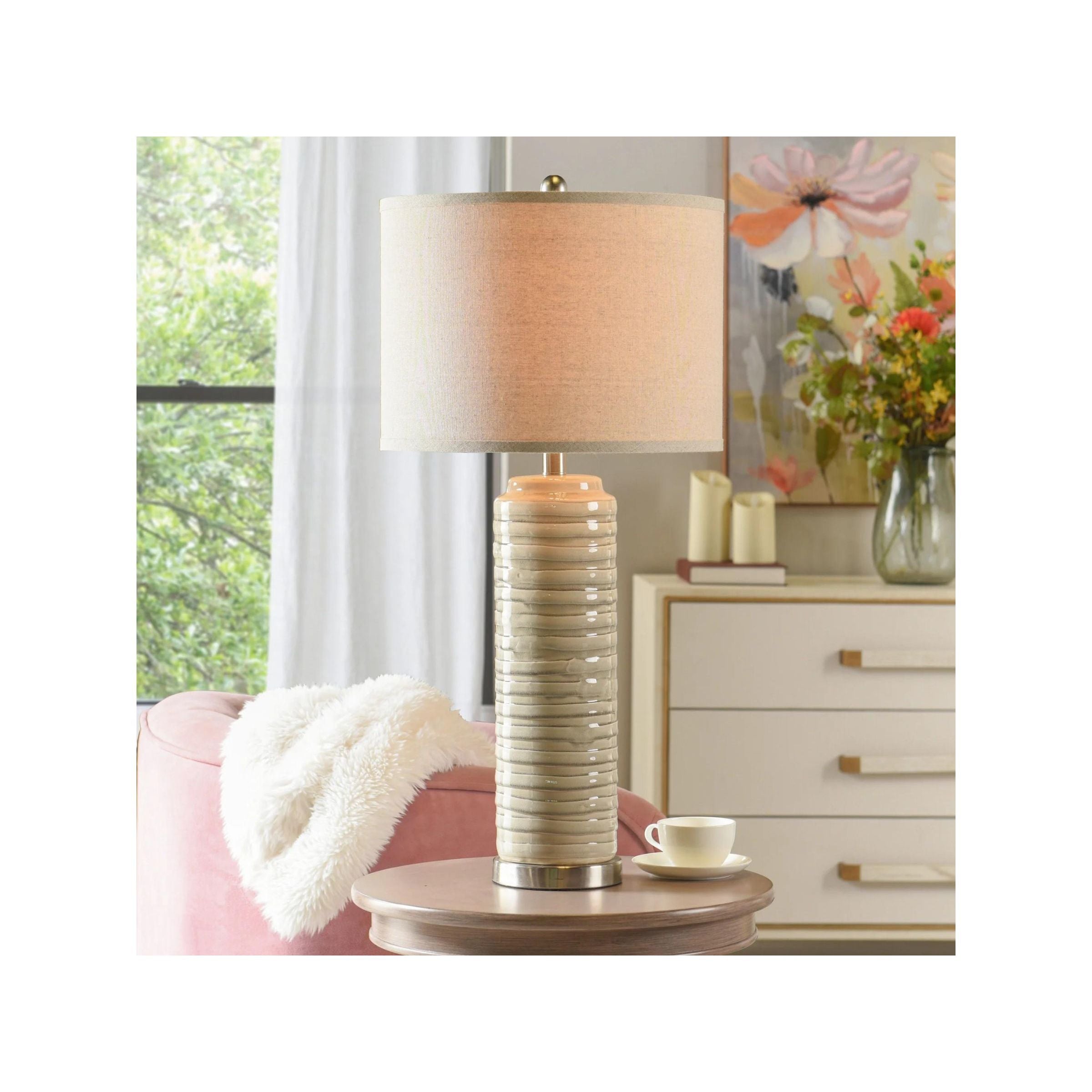 Cream Ceramic Column Table Lamp 30"H