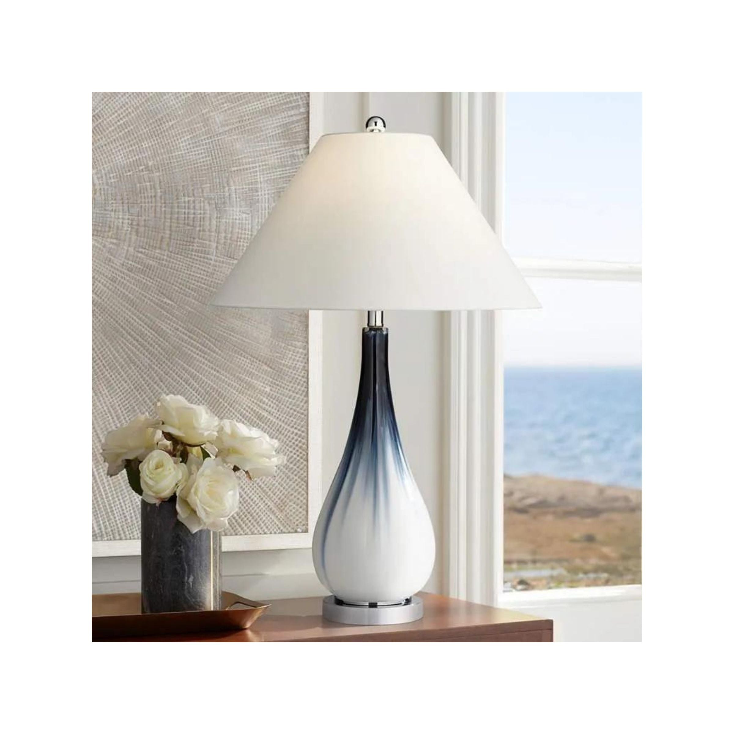 White and Navy Glass Table Lamp 30.5"H