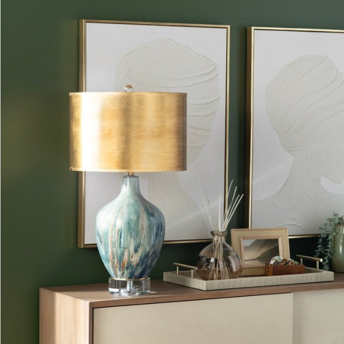 Green, Bronze, and Gold Glass Table Lamp 27.5"H