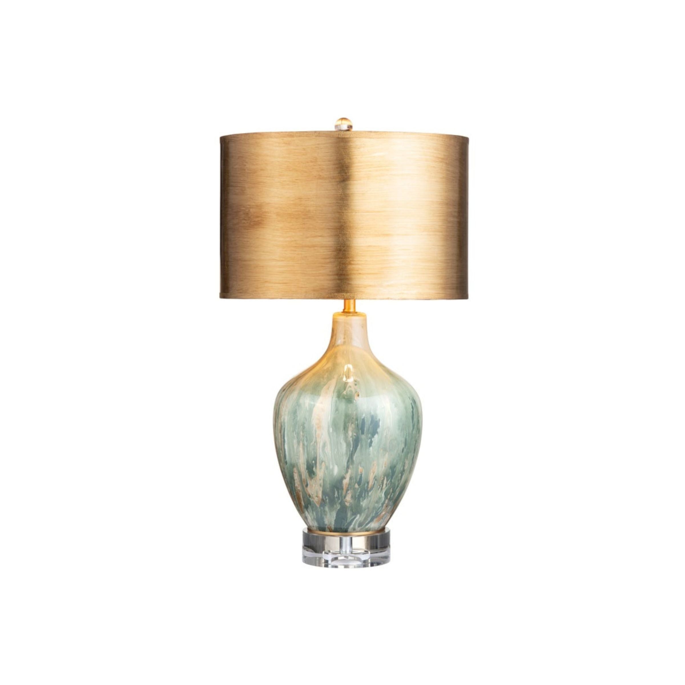 Green, Bronze, and Gold Glass Table Lamp 27.5"H
