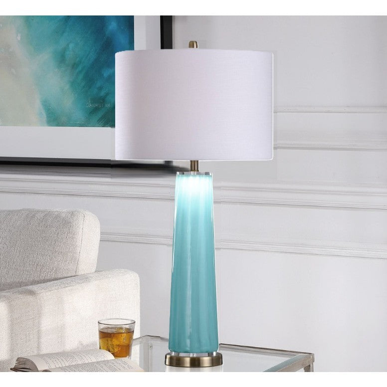 Ocean Blue Glass Table Lamp With Nightlight 34"H
