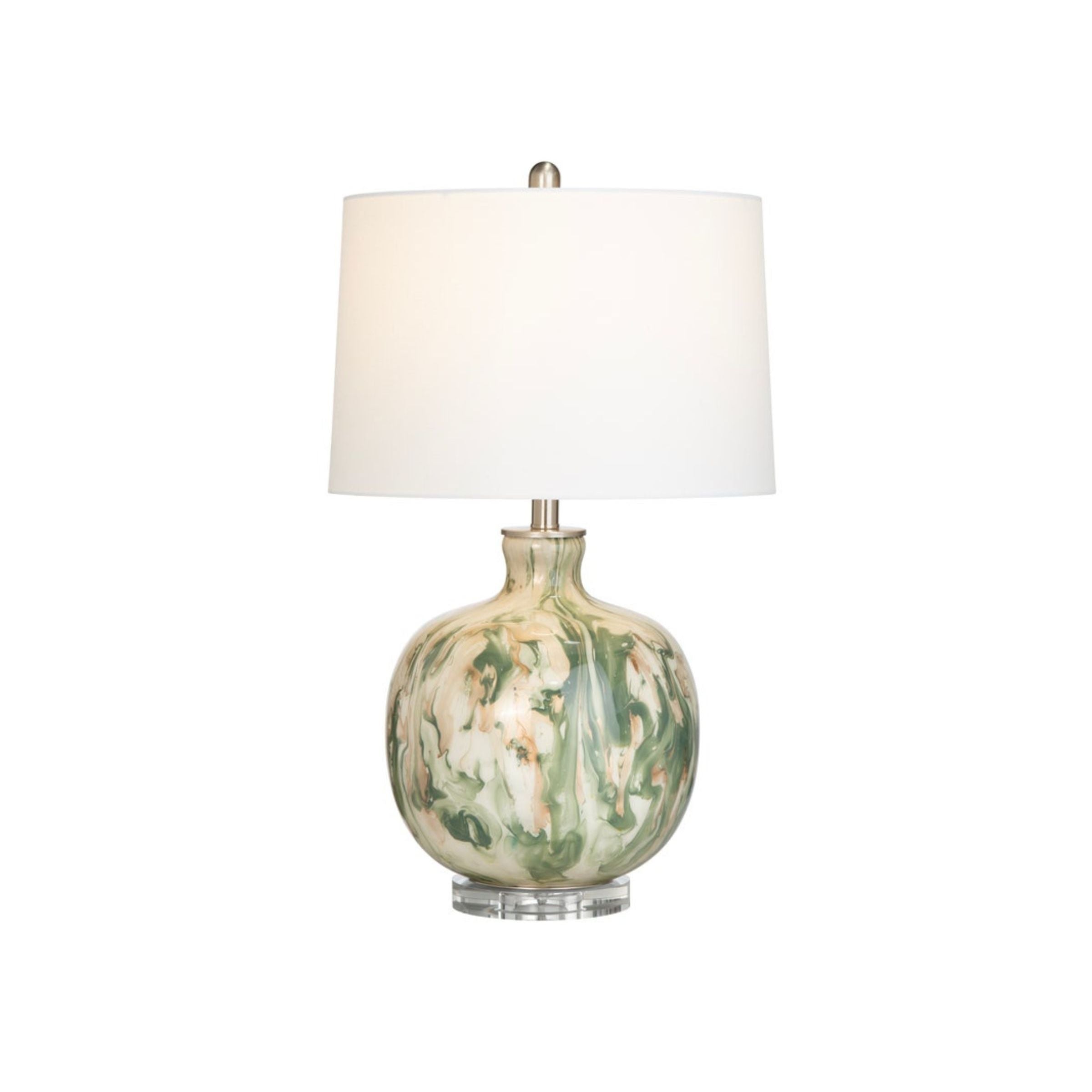 Table lamp with a marbled green and cream ceramic base and white drum shade.