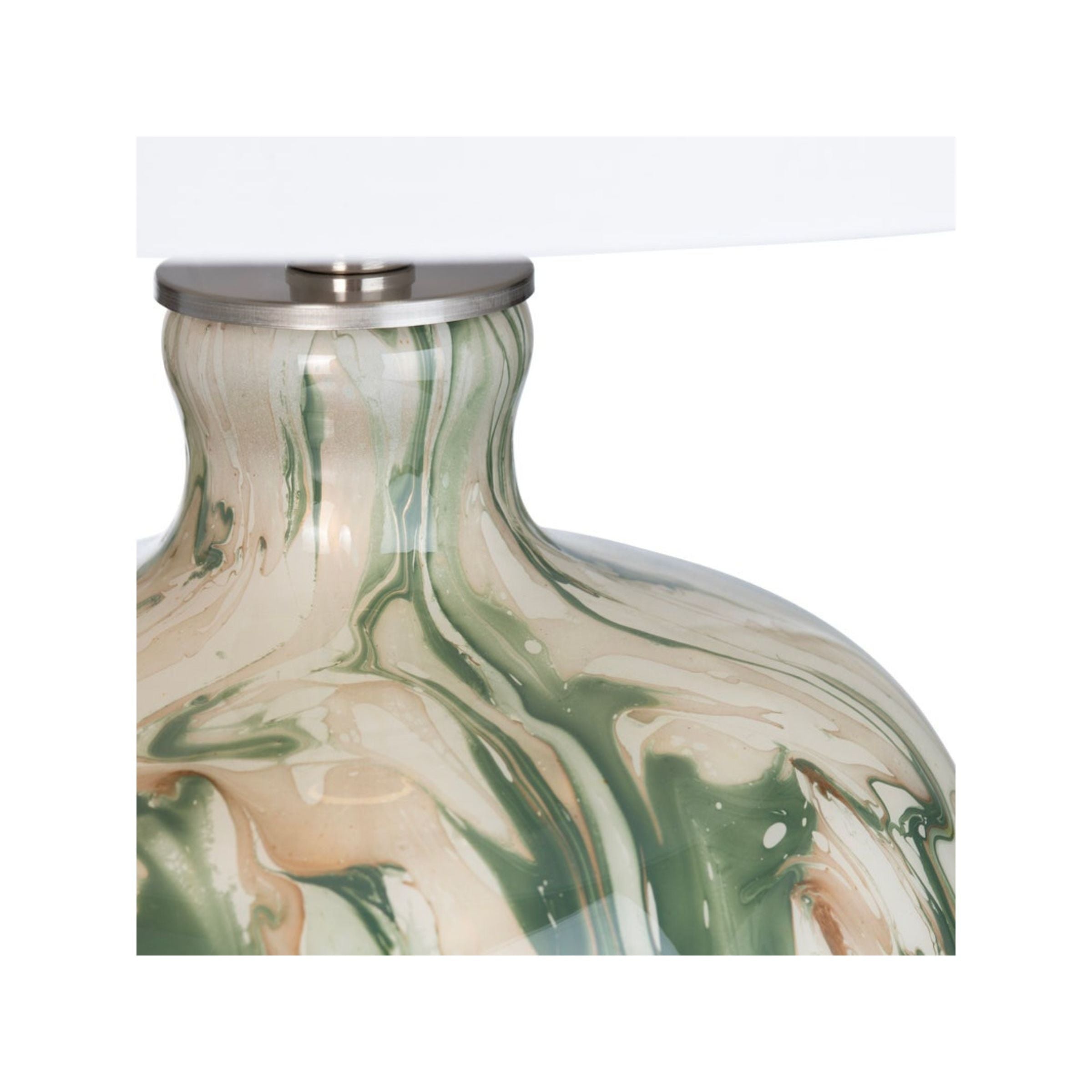Close-up of a ceramic lamp base with green and beige marbled pattern and metal neck.