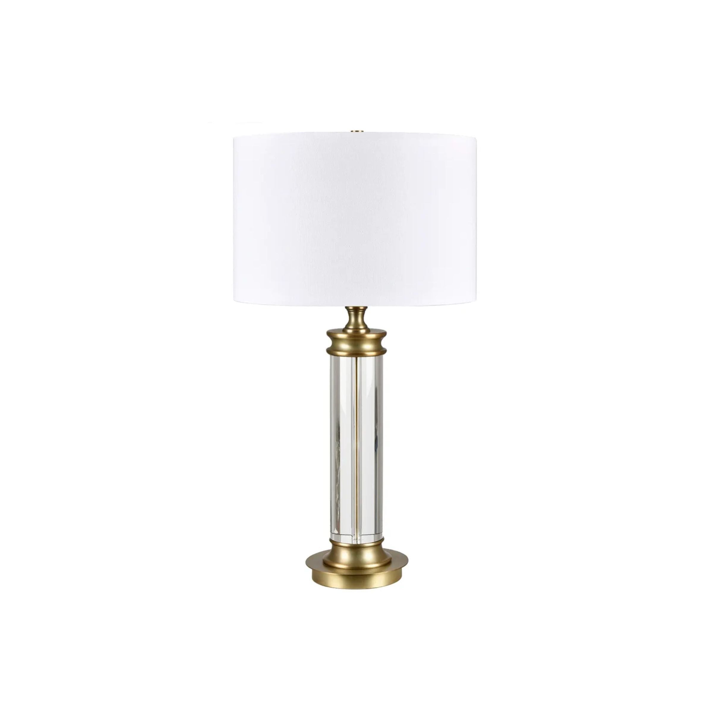 Brass and glass table lamp with white drum shade