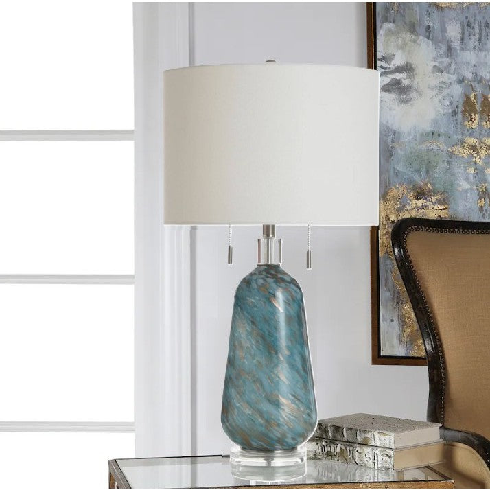 Blue and Gold Art Glass Table Lamp 31"H