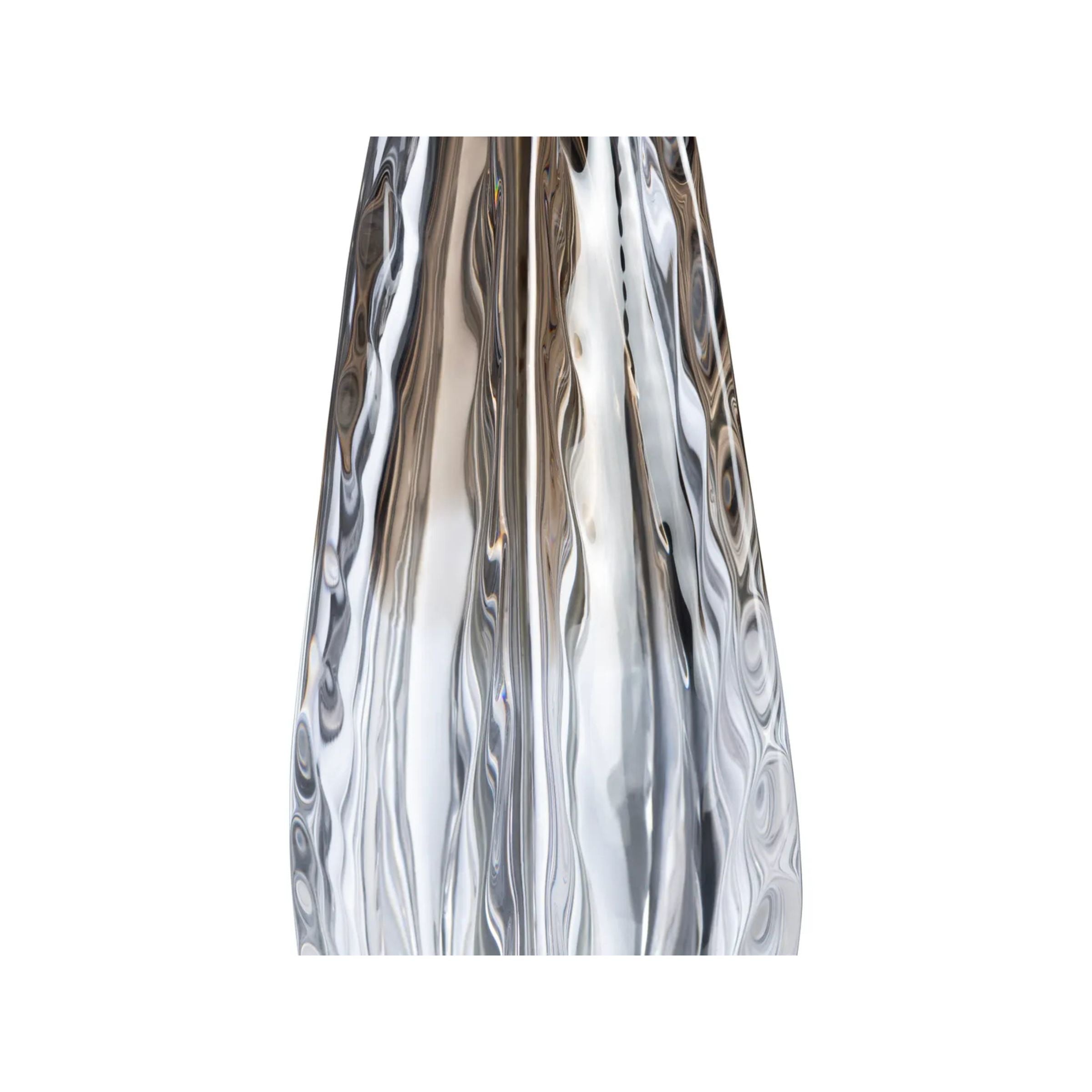 Tall clear glass vase with a wavy textured surface, standing upright on a white background.