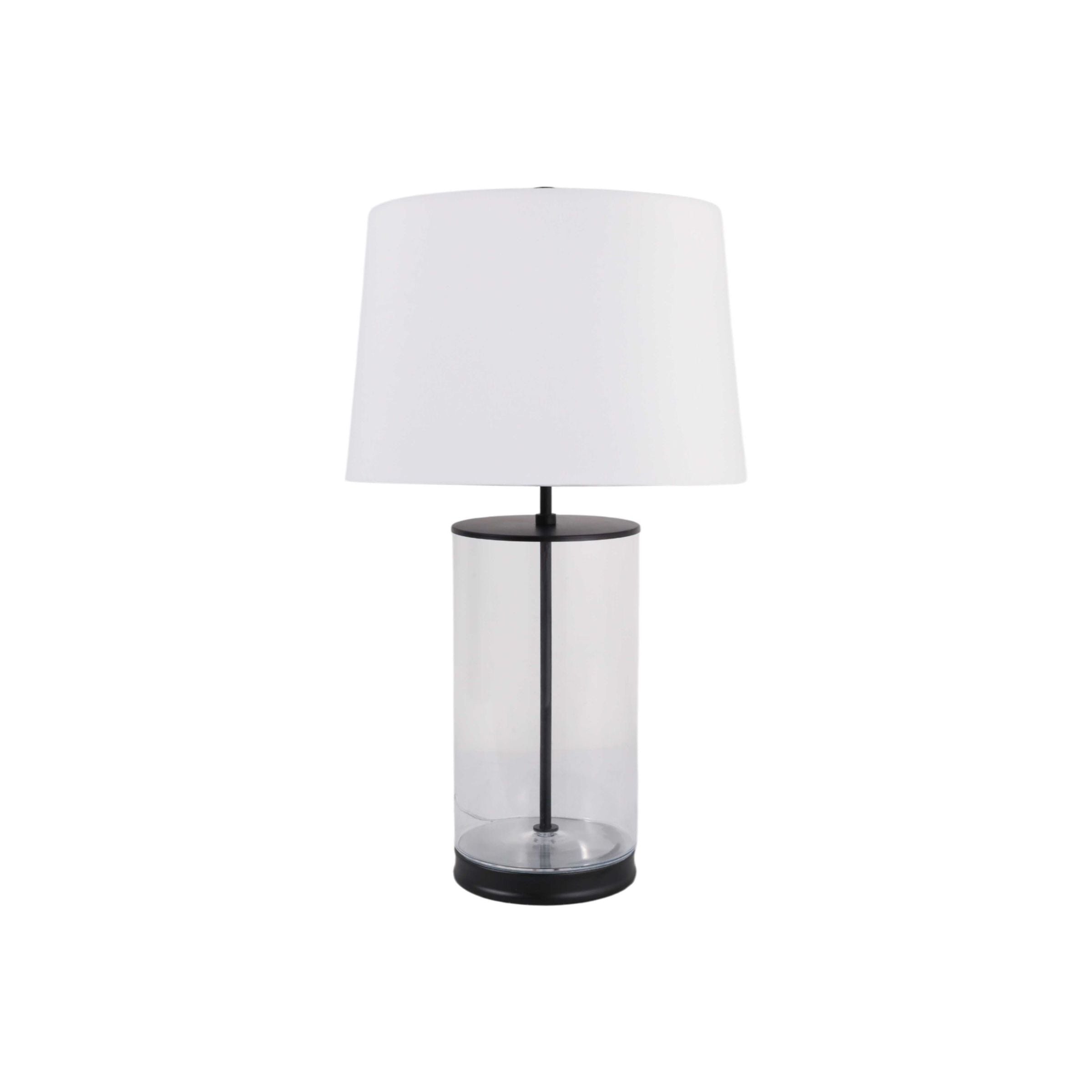 Modern table lamp with clear cylindrical base and white lampshade.