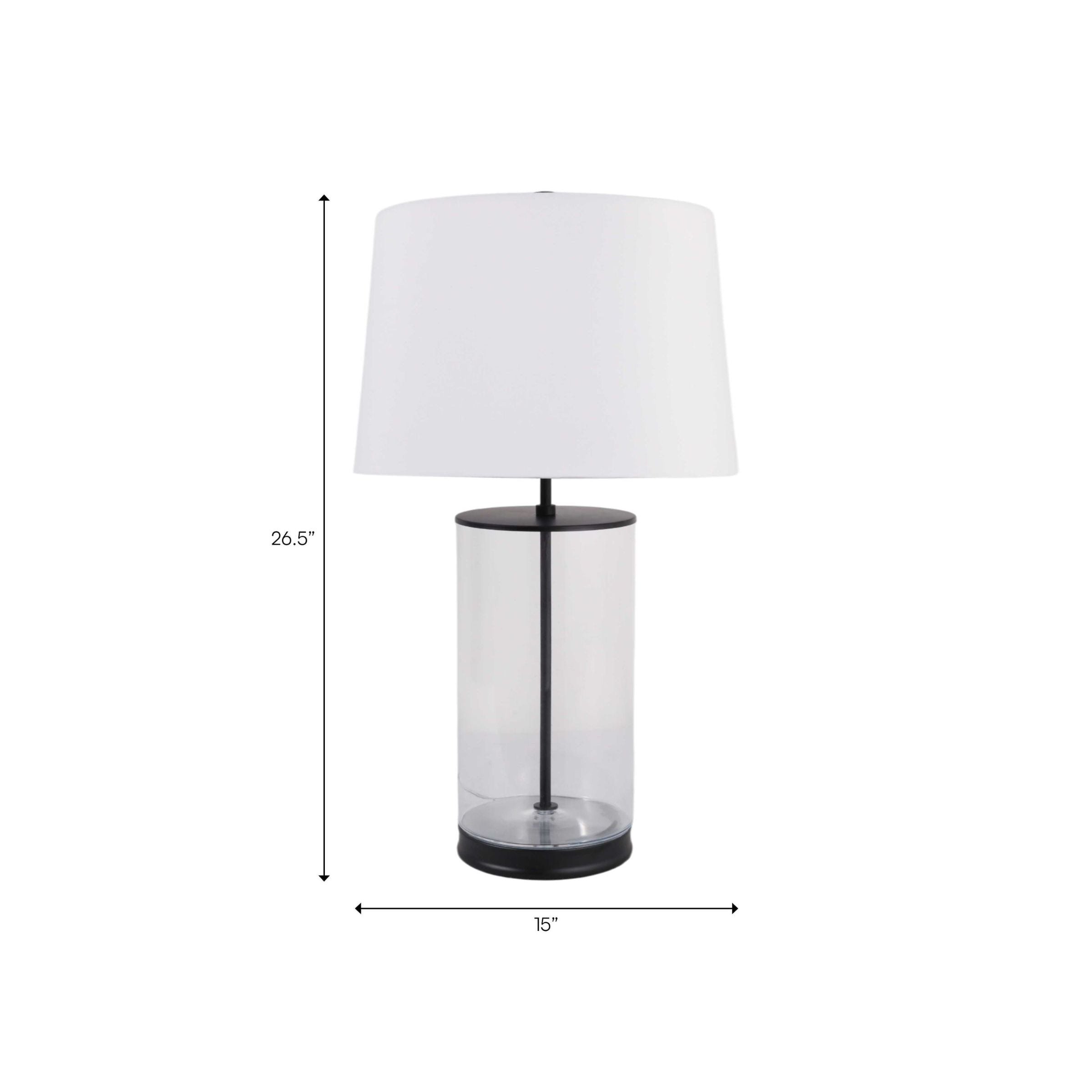 Table lamp with white shade and clear cylindrical base, shown with height and width dimensions.
