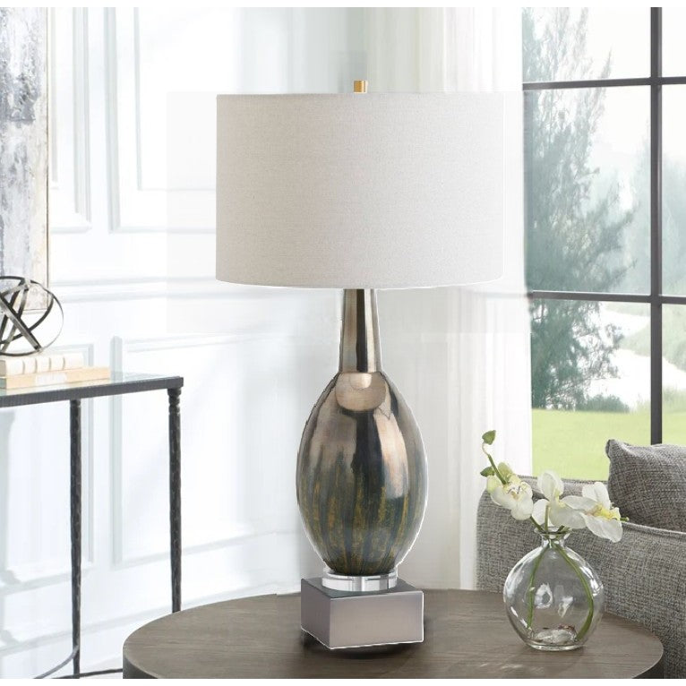 Green and Gunmetal Glass Table Lamp 29"H